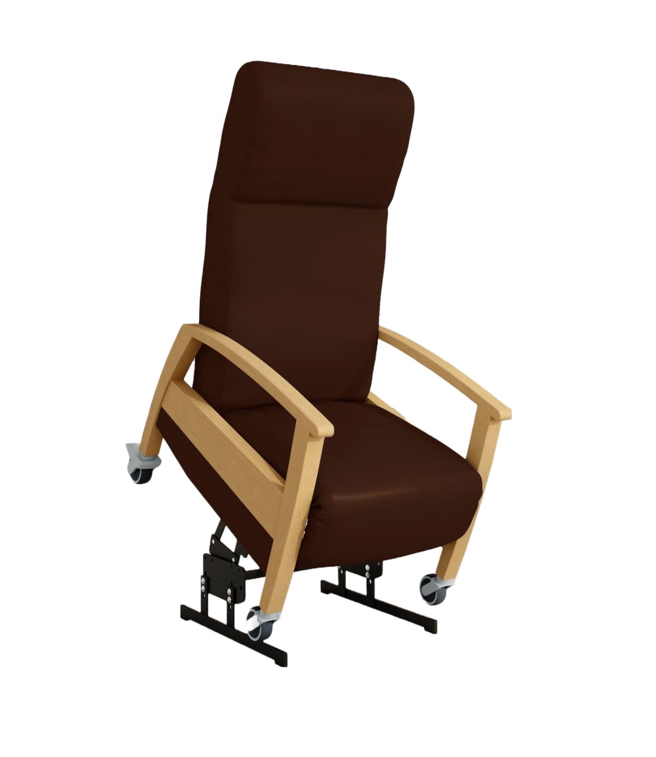Brauner Pflegesessel mit Holzrahmen und Rollen. Hohe Rückenlehne, Armlehnen und Sitzfläche. Elektrische Aufstehhilfe.