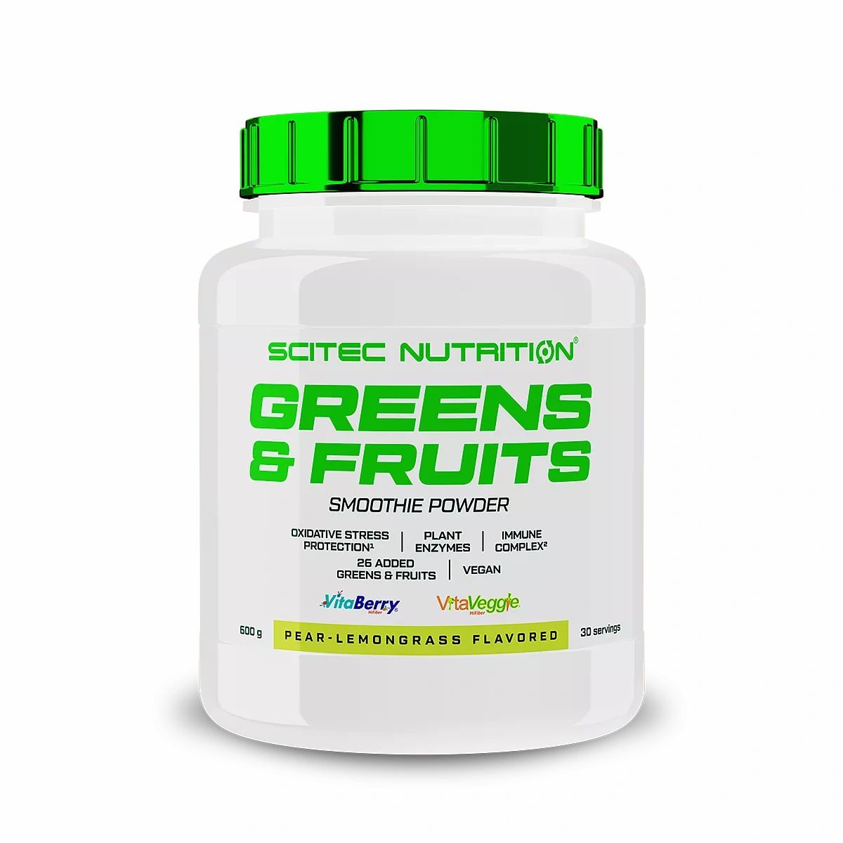 Weißer Behälter mit grünem Deckel. Aufschrift: Scitec Nutrition Greens & Fruits Smoothie Powder. 600g, 20 Portionen.