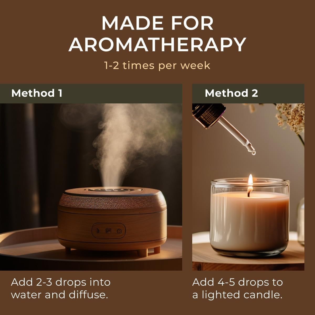 Zwei Aromatherapie-Methoden. Methode 1: Diffusor. Methode 2: Kerze. Text: Made for aromatherapy, 1-2 mal pro Woche.