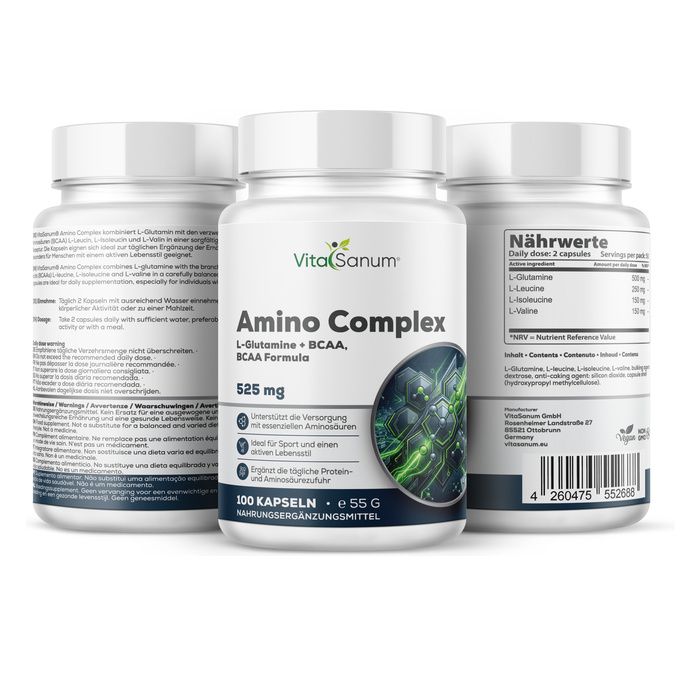 Drei VitaSanum Amino Complex Behälter, einer vorne, zwei hinten.