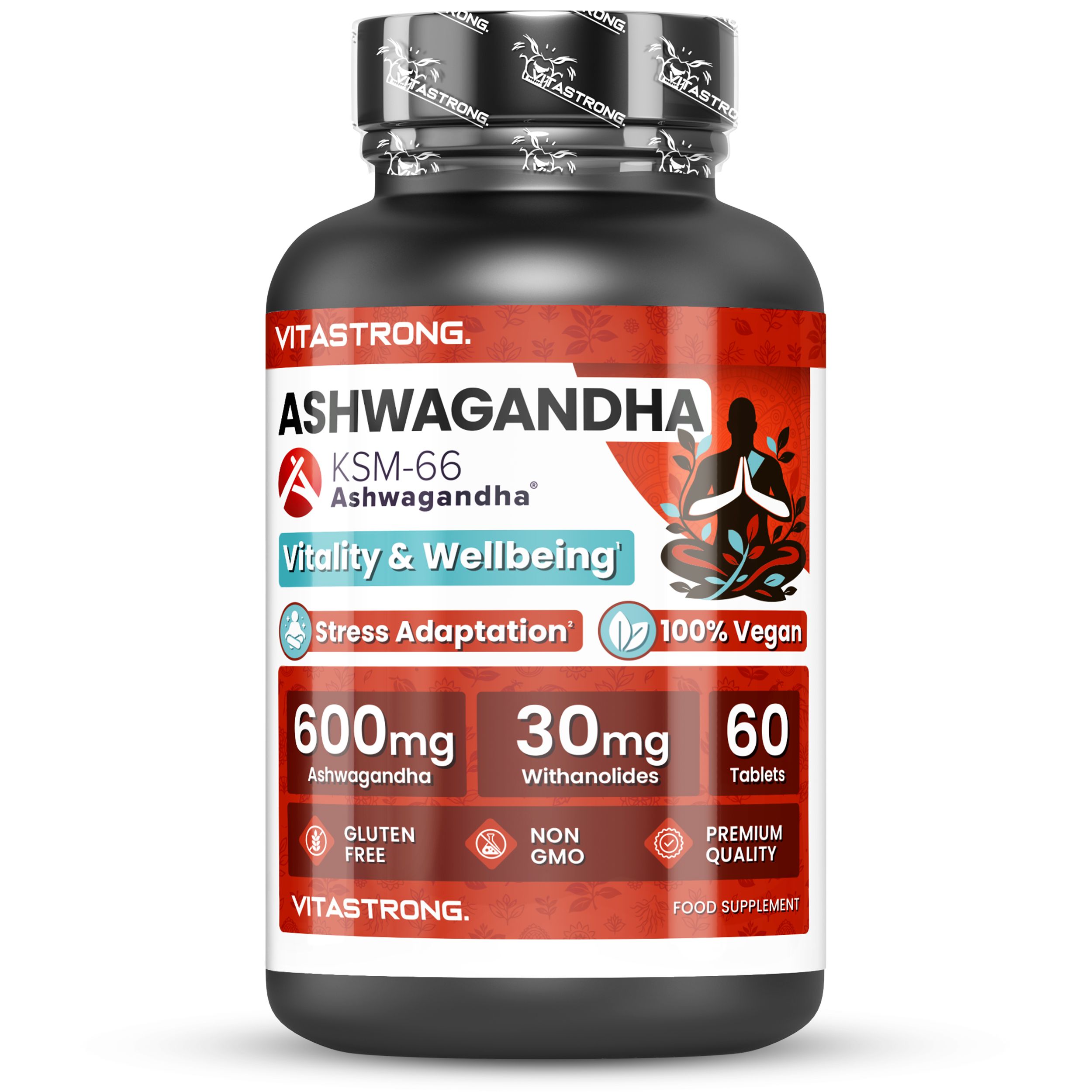 Ashwagandha KSM-66® Flasche. 60 Tabletten. 600mg Ashwagandha. 100% vegan. Ohne Gluten und GVO. Rotes Etikett.