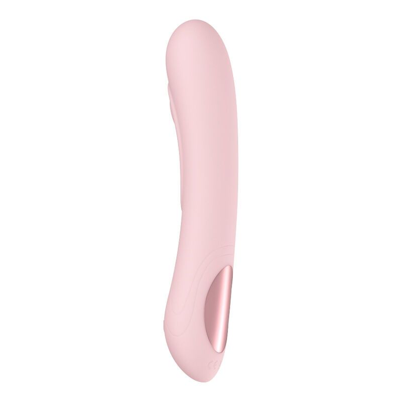 Ein rosafarbener Vibrator mit einer gebogenen Form und einem metallisch roségoldenen Akzent.