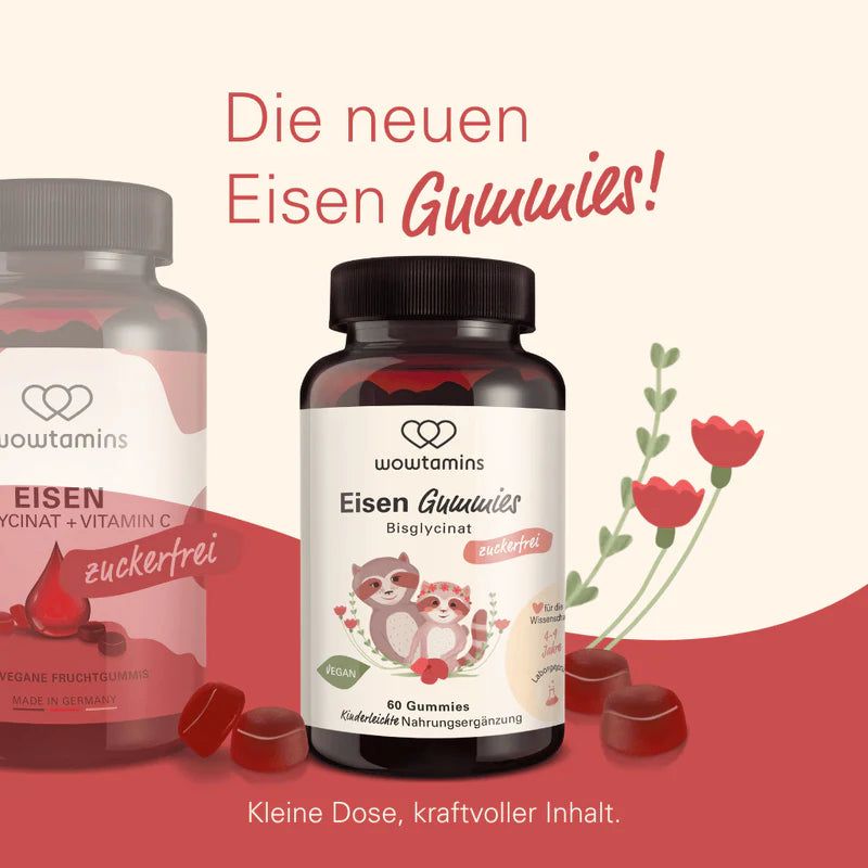 Flasche WOWTAMINS Eisen Gummibärchen, zuckerfrei, 60 Stück, mit Waschbären-Motiv.