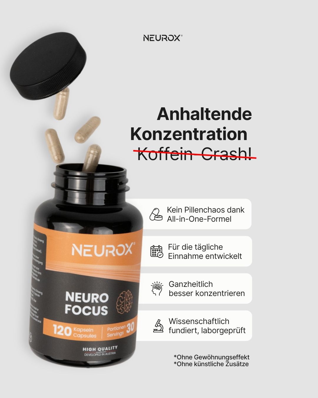 Schwarze Flasche mit Neurox NeuroFocus Kapseln. Deckel geöffnet, Kapseln fallen heraus. Text: Anhaltende Konzentration ohne Koffein-Crash.