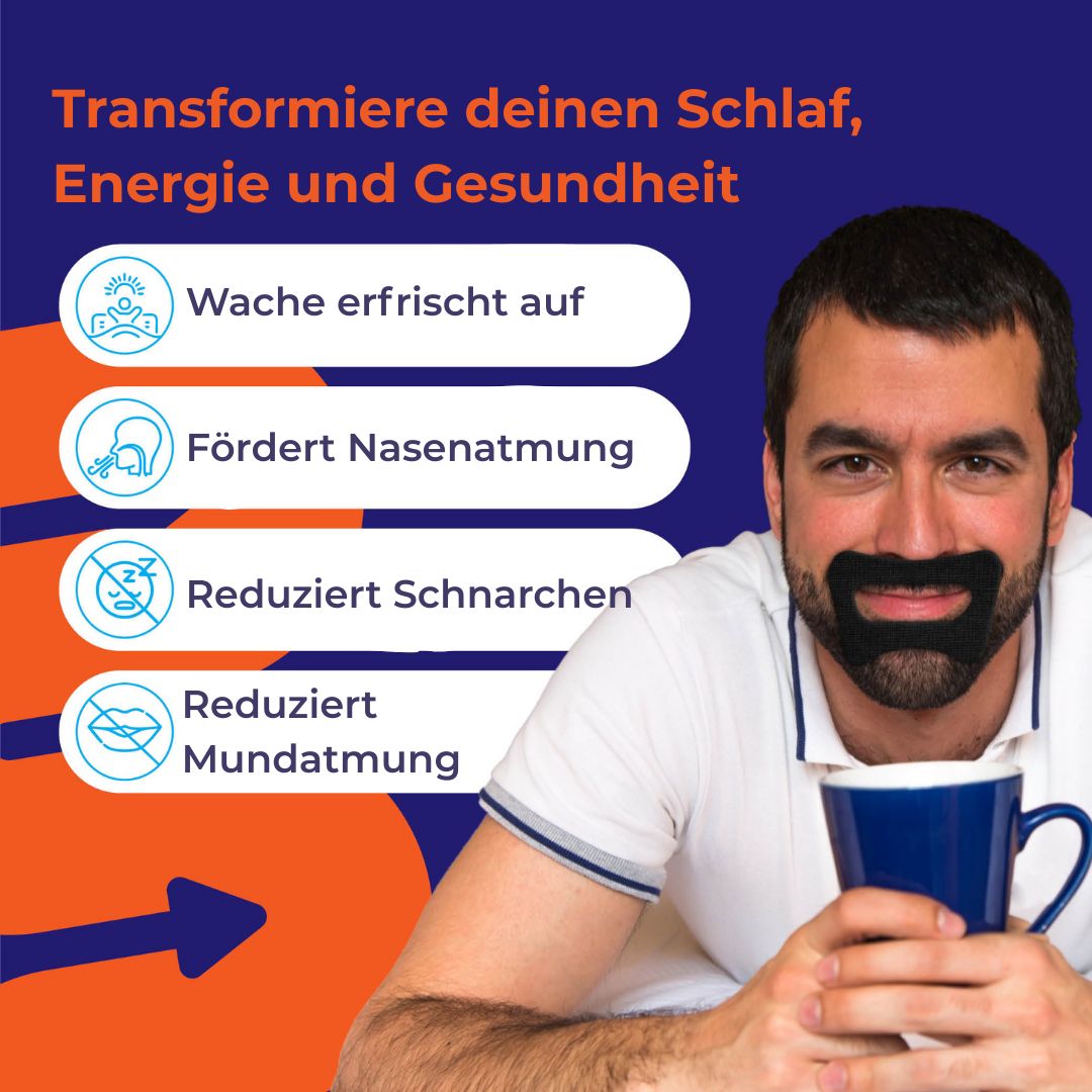 Mann mit Bart-Aufkleber. Text: Transformiere deinen Schlaf, Energie und Gesundheit. Symbole für Vorteile.
