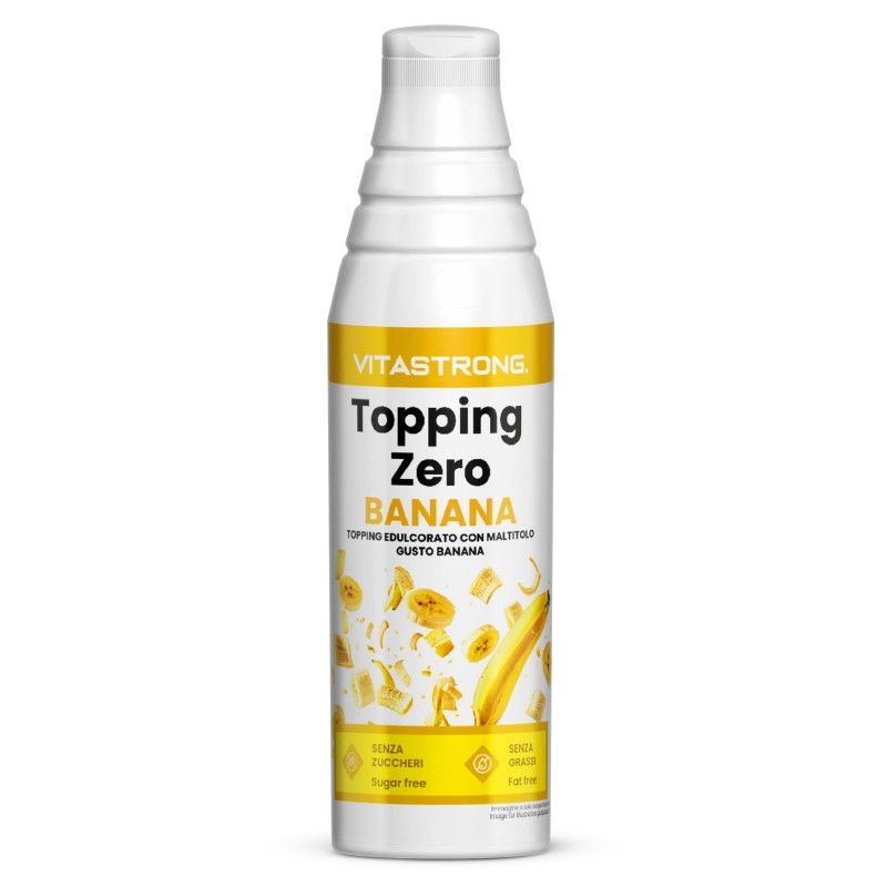 Vitastrong Topping Zero Banana Flasche. Weiß mit gelbem Etikett, Produktname und Bananen-Illustrationen.
