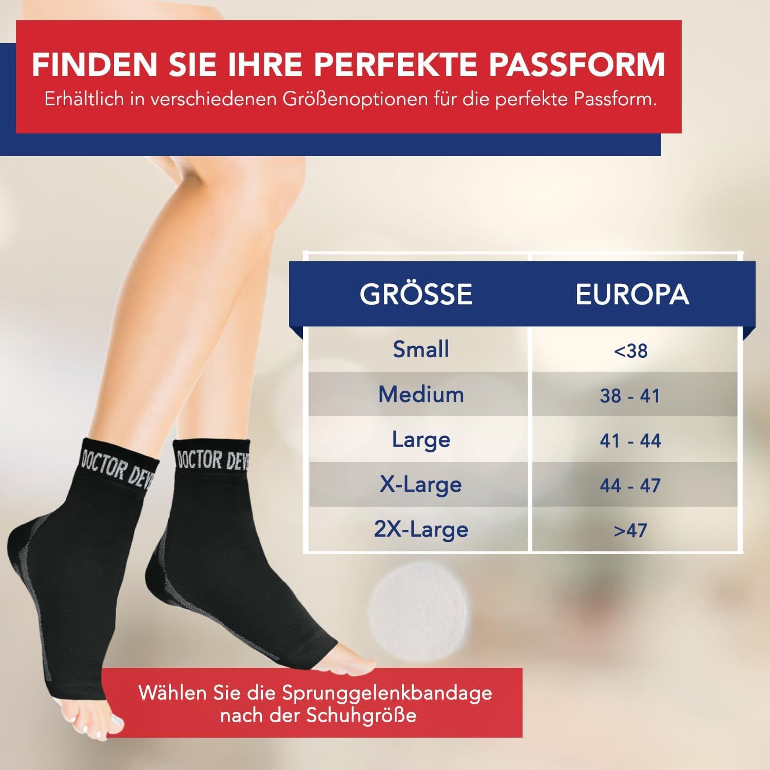 Füße mit schwarzen Knöchelbandagen, Größentabelle.