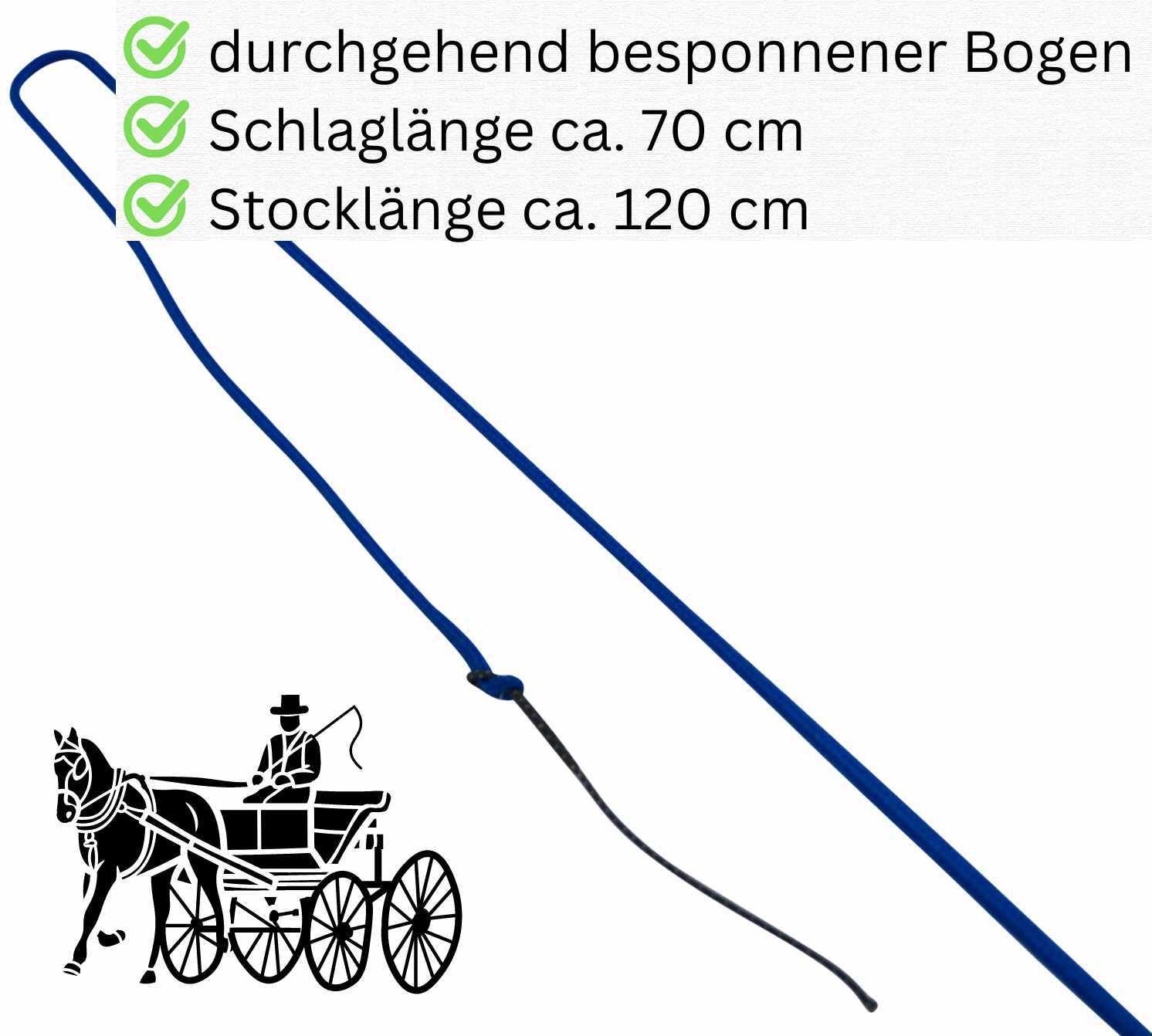 Blaue Peitsche mit schwarzem Teil. Text: durchgehend bespannter Bogen, Schlaglänge ca. 70 cm, Stocklänge ca. 120 cm.