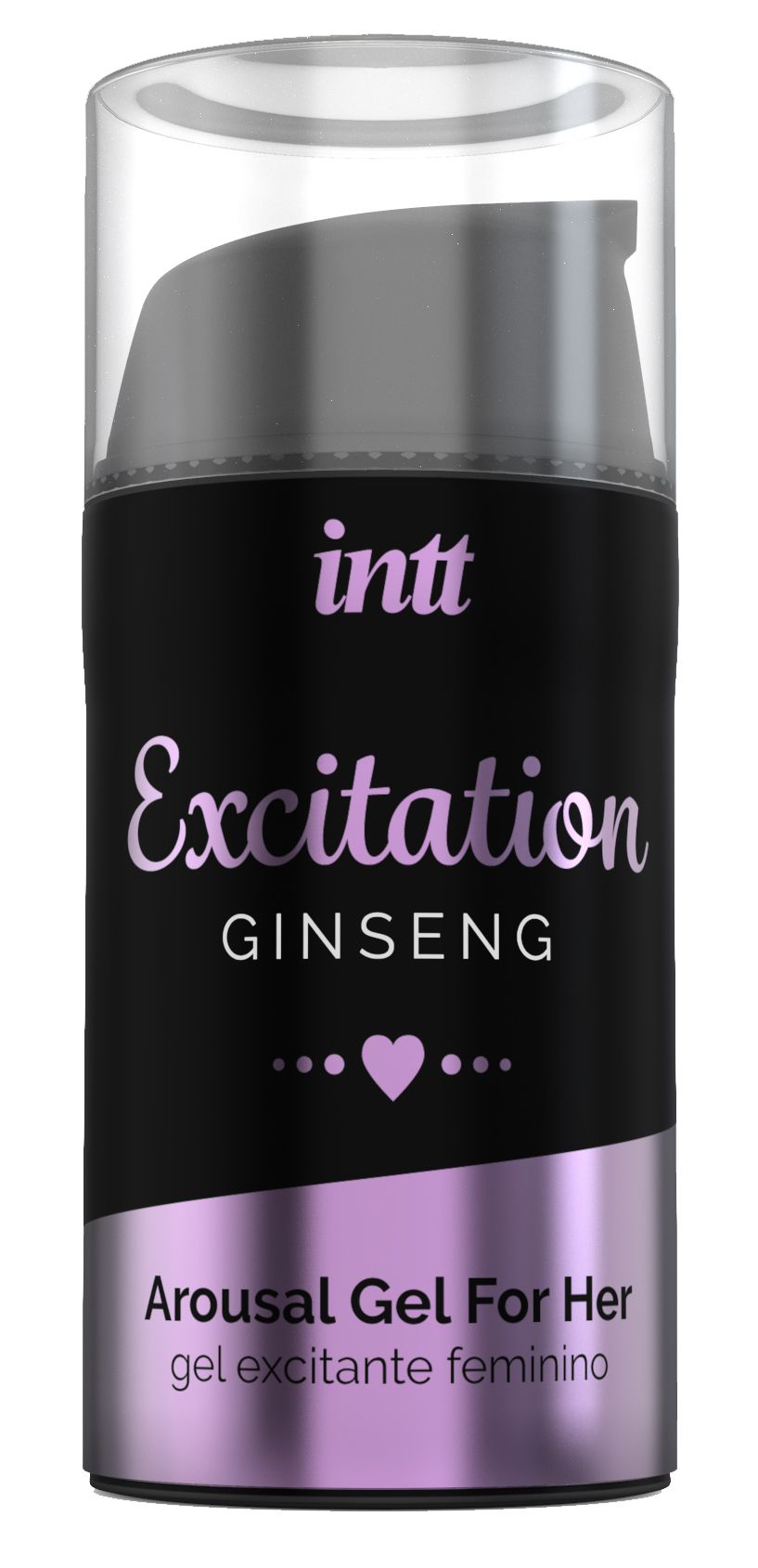Zylindrische Flasche mit schwarzem Etikett. Aufschrift: intt Excitation GINSENG. Arousal Gel For Her. Mit Dosierpumpe.