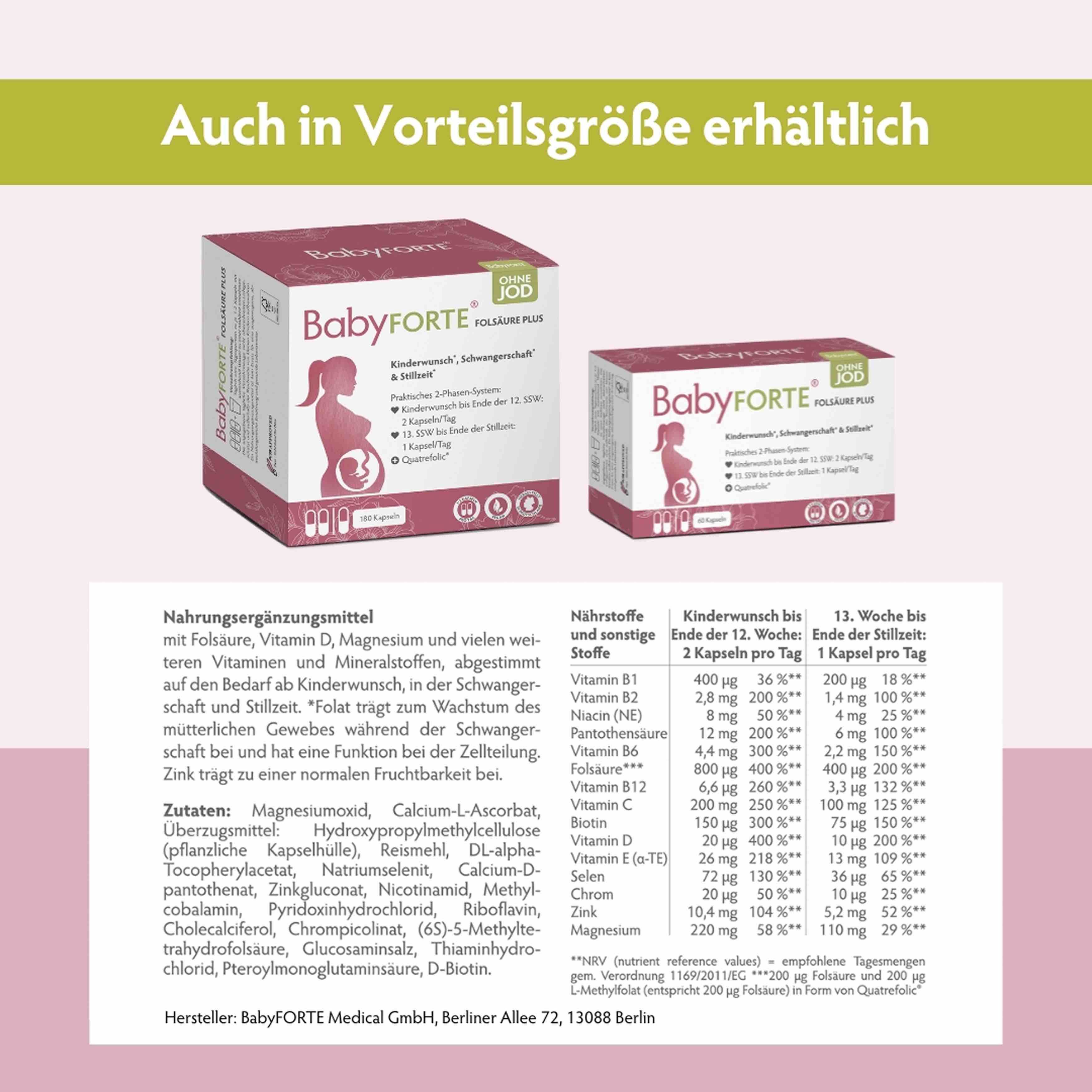 BabyFORTE® Packungen in zwei Größen. Text: Nährwerttabelle, Inhaltsstoffe, Dosierung. Auch in Vorteilgröße erhältlich.