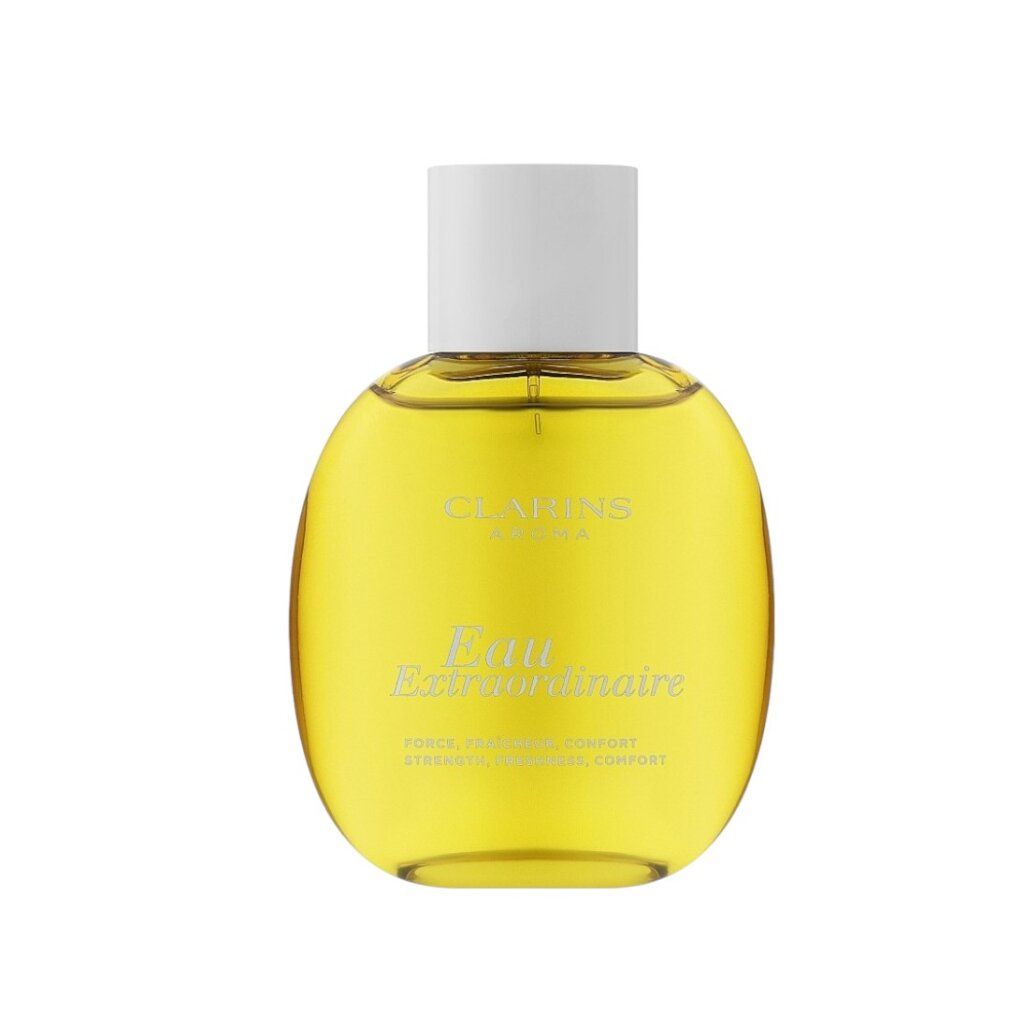 Runde Flasche mit gelber Flüssigkeit. Weißer Deckel. Schriftzug: Eau Extraordinaire, Clarins Aroma.