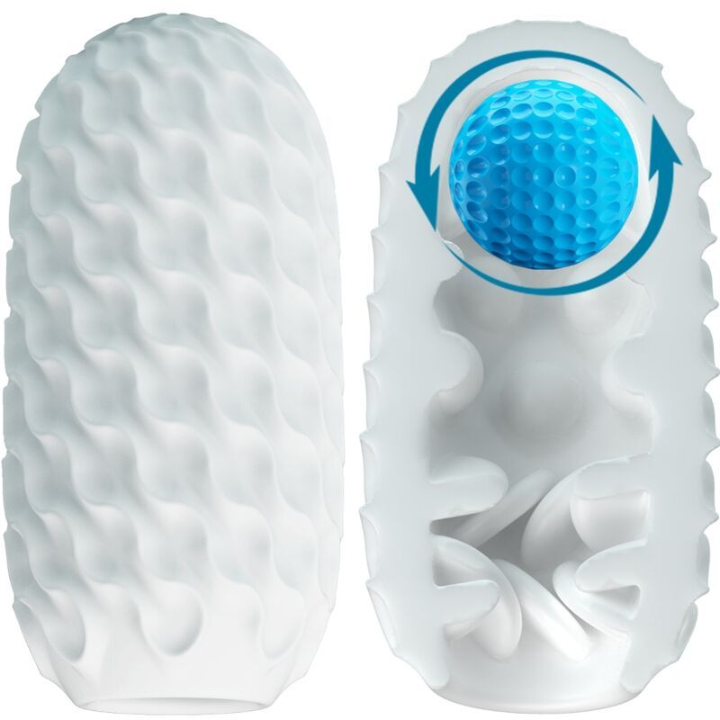 Weißes, längliches Produkt mit wellenförmiger Oberfläche. Aufgeschnitten, mit blauem Ball im Inneren. Pfeile zeigen Rotation.