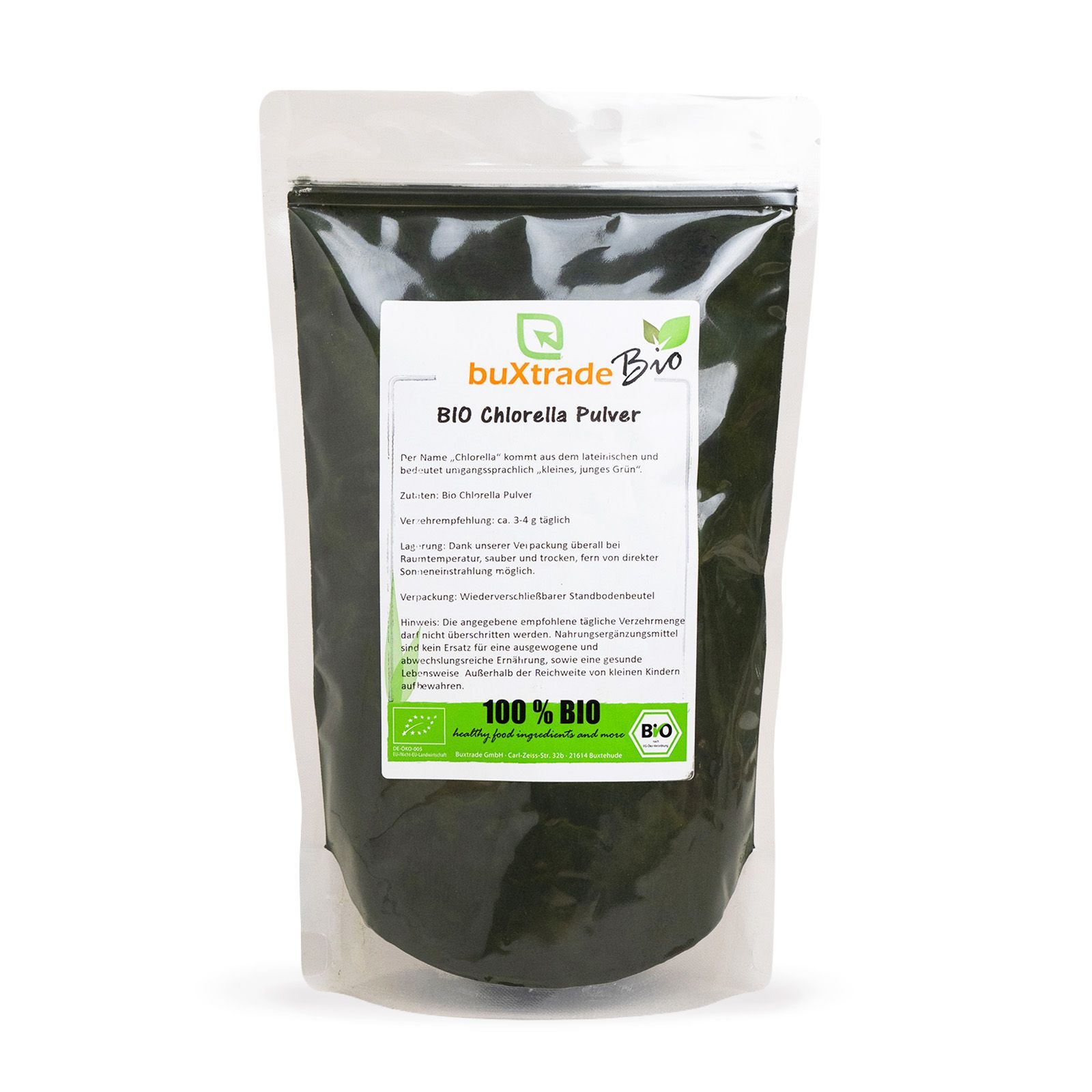 Verpackung von buXtrade Bio Chlorella Pulver, mit Produktinformationen und Bio-Siegel.