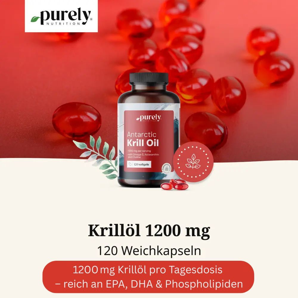 Rote Kapseln und Flasche mit rotem Etikett. Aufschrift: Antarctic Krill Oil. Logo: Purely Nutrition. Hintergrund: rot.