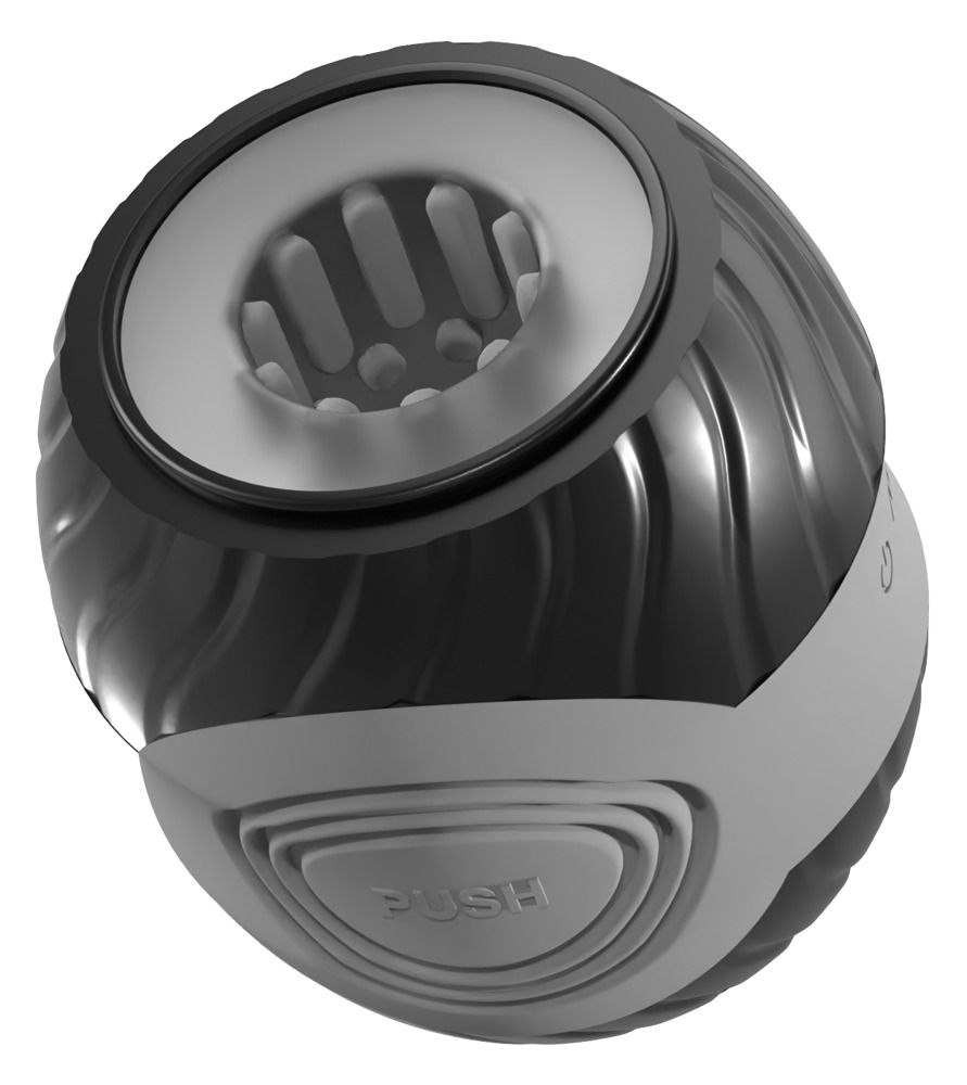 Schwarz-graues, zylindrisches Produkt mit gewellter Oberfläche. Innenraum sichtbar. Graues Band mit „PUSH“-Schriftzug.