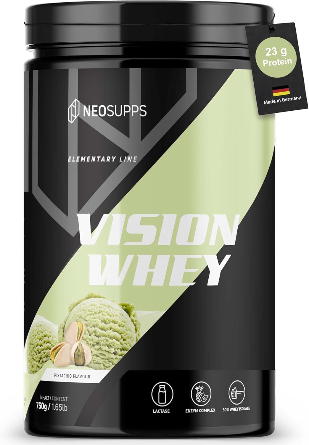 Dose Vision Whey Pistachio. Aufschrift: 23 g Protein, Pistachio Flavour, 750g/1.65lb. Logo, Zertifizierungen.