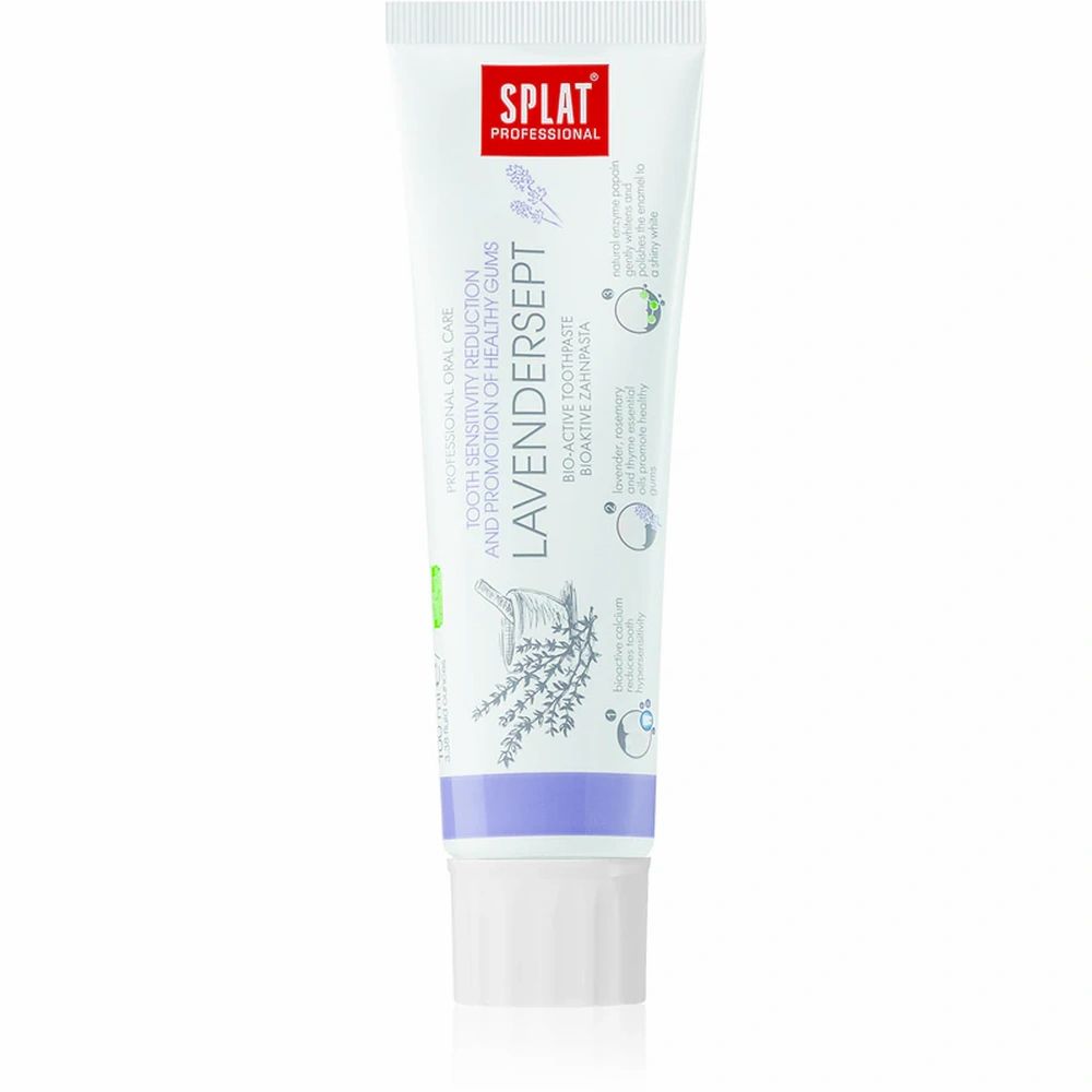 Zahnpasta-Tube SPLAT Professional Lavendersept. Weiß-lila Tube mit Produktnamen und Illustrationen. Weißer Verschluss.