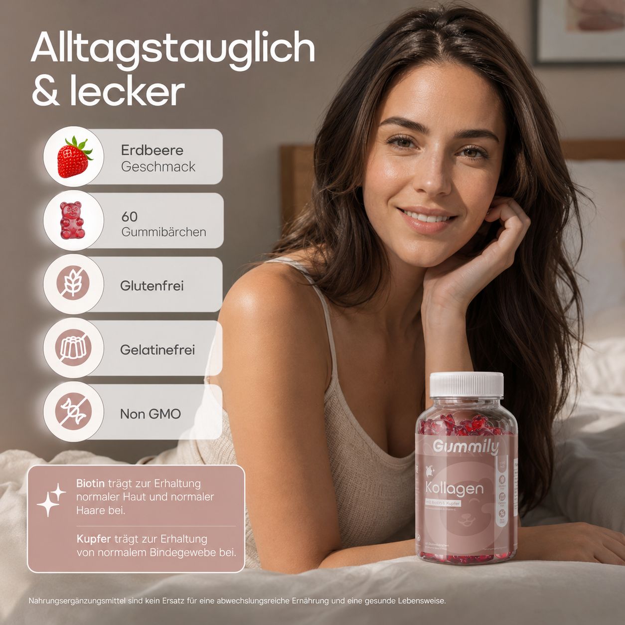 Frau mit Gummily Kollagen Flasche im Bett, mit Hinweisen zu Erdbeergeschmack und Inhaltsstoffen.