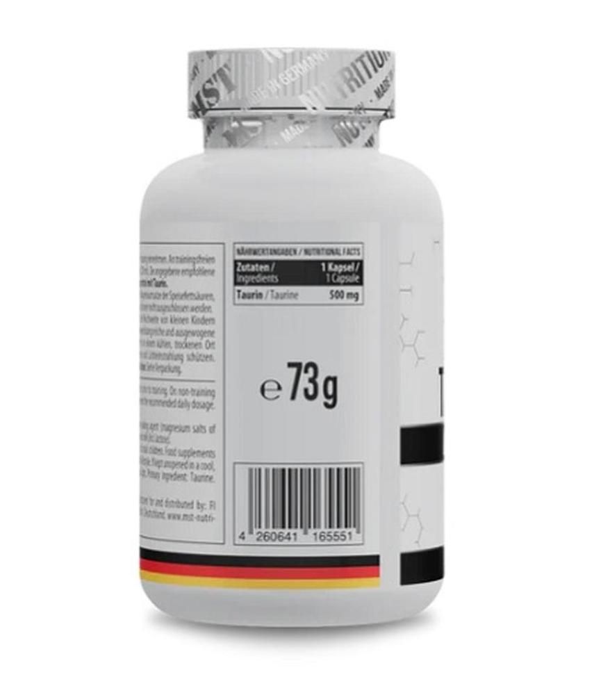 Rückseite einer weißen Flasche mit Text. Barcode und Gewicht von 73g. Flagge Deutschland. Aufschrift: Taurin, 500 mg.