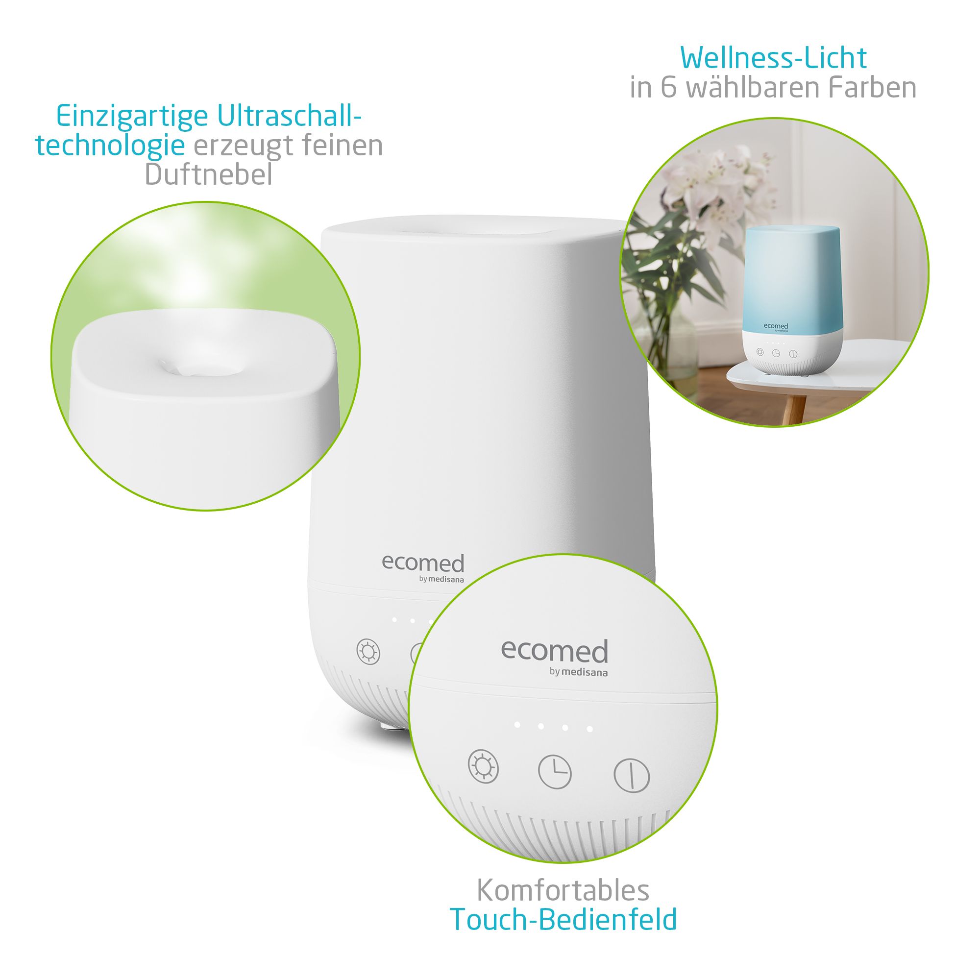 ecomed AD-50E Aromadiffuser: Ultraschalltechnologie, Touch-Bedienfeld, Wellness-Licht in 6 Farben.