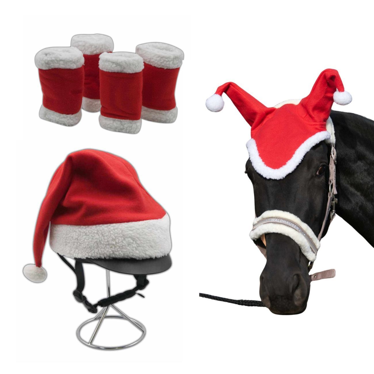 Weihnachtsset für Pferde: Helmmütze, Bandagen, Mütze. Rote Textilien mit weißem Kunstfell.