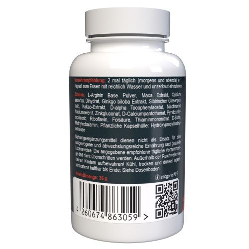 Weiße Kapsel-Dose mit schwarzer Schrift. Rückseite mit Inhaltsstoffen, Barcode und QR-Code. Text in deutscher Sprache.