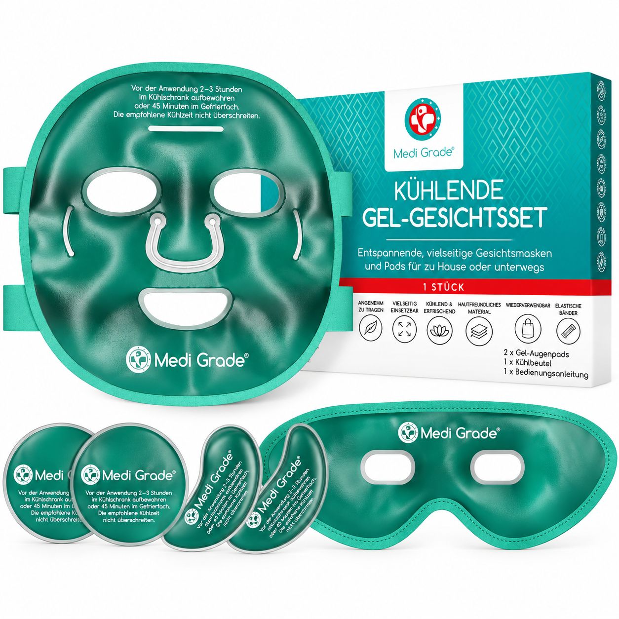 Kühlendes Gel-Gesichtsset mit Maske, Augenpads und Beutel.