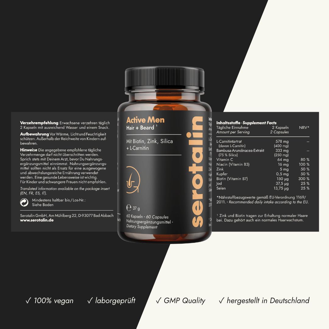 Dose mit Kapseln und Packungsbeilage. Text: Active Men Hair + Beard. Mit Biotin, Zink, Silica + L-Carnitin. 100% vegan.
