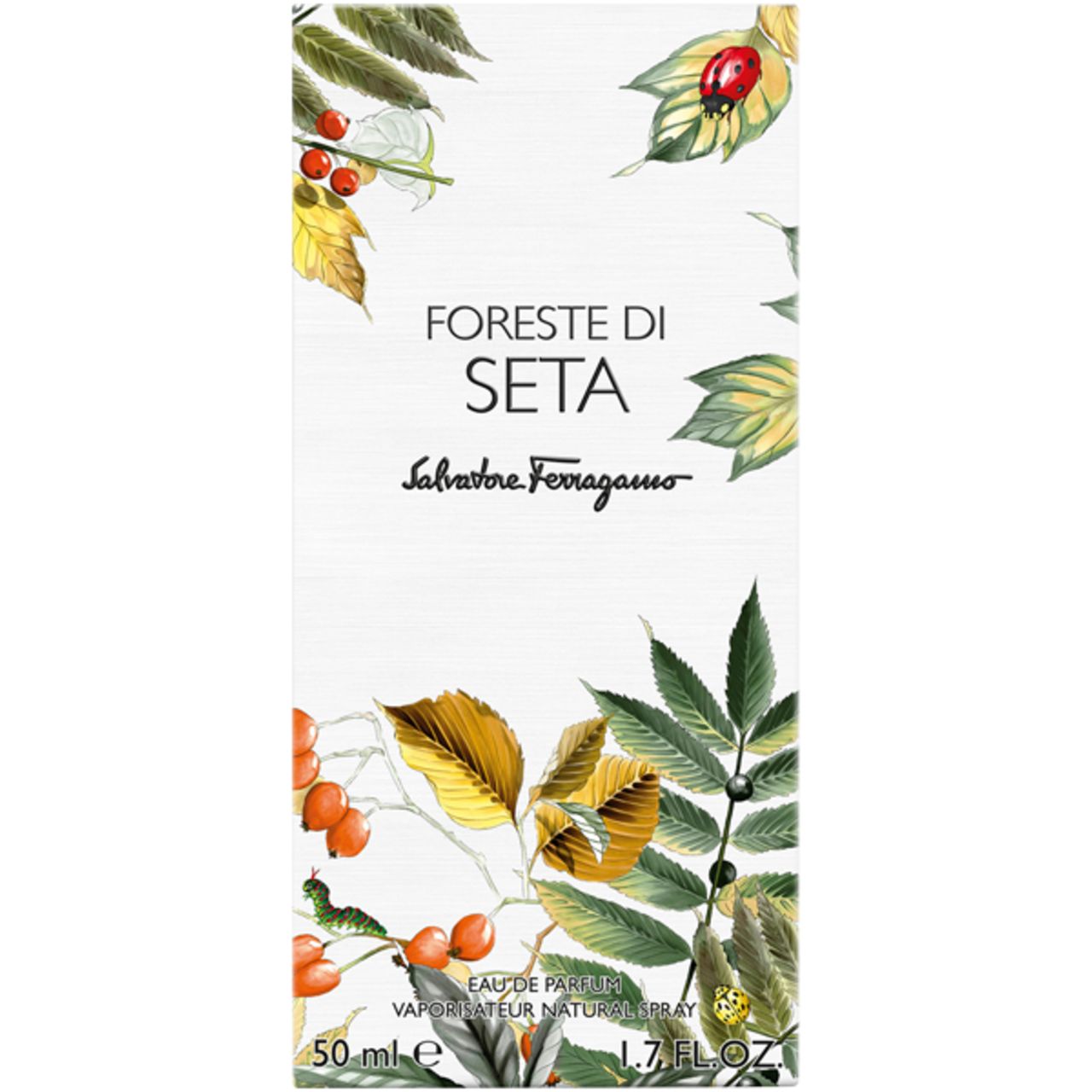 Salvatore Ferragamo Foreste di Seta EdP Nat. Spray. Verpackung mit floralem Design. Aufschrift: Foreste di Seta, Salvatore Ferragamo. 1.7 FL.OZ.