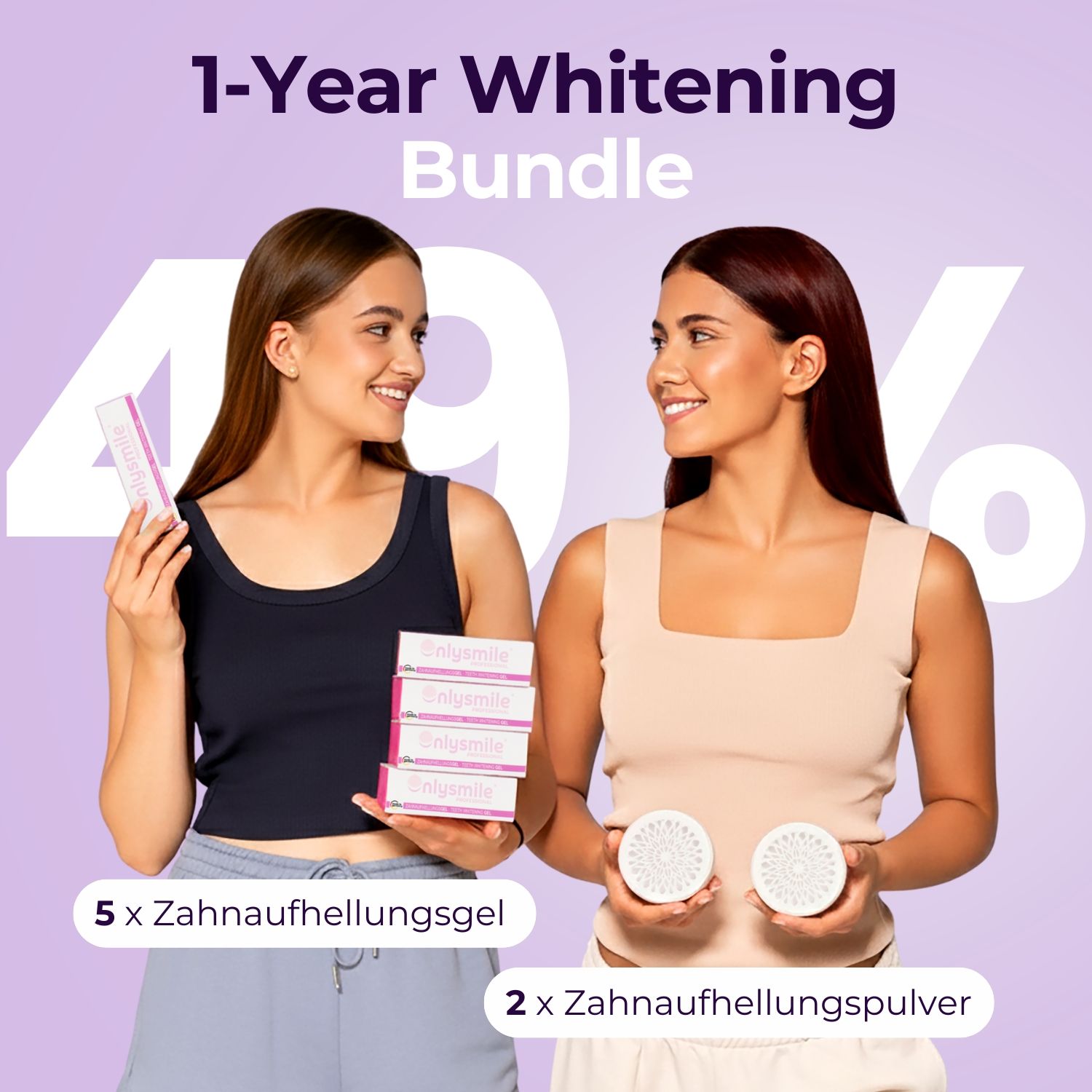 Zwei Frauen halten Produkte. 5 Gele und 2 Pulver. Text: 1-Year Whitening Bundle. 49% Rabatt.