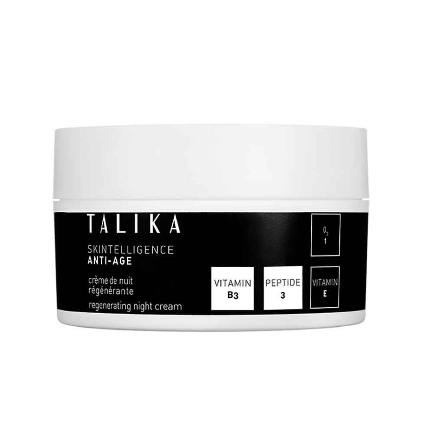 Creme-Tiegel mit schwarzem Etikett. Aufschrift: TALIKA, Skintelligence Anti-Age, Regenerating Night Cream. Enthält Vitamin B3, Peptid 3, Vitamin E.