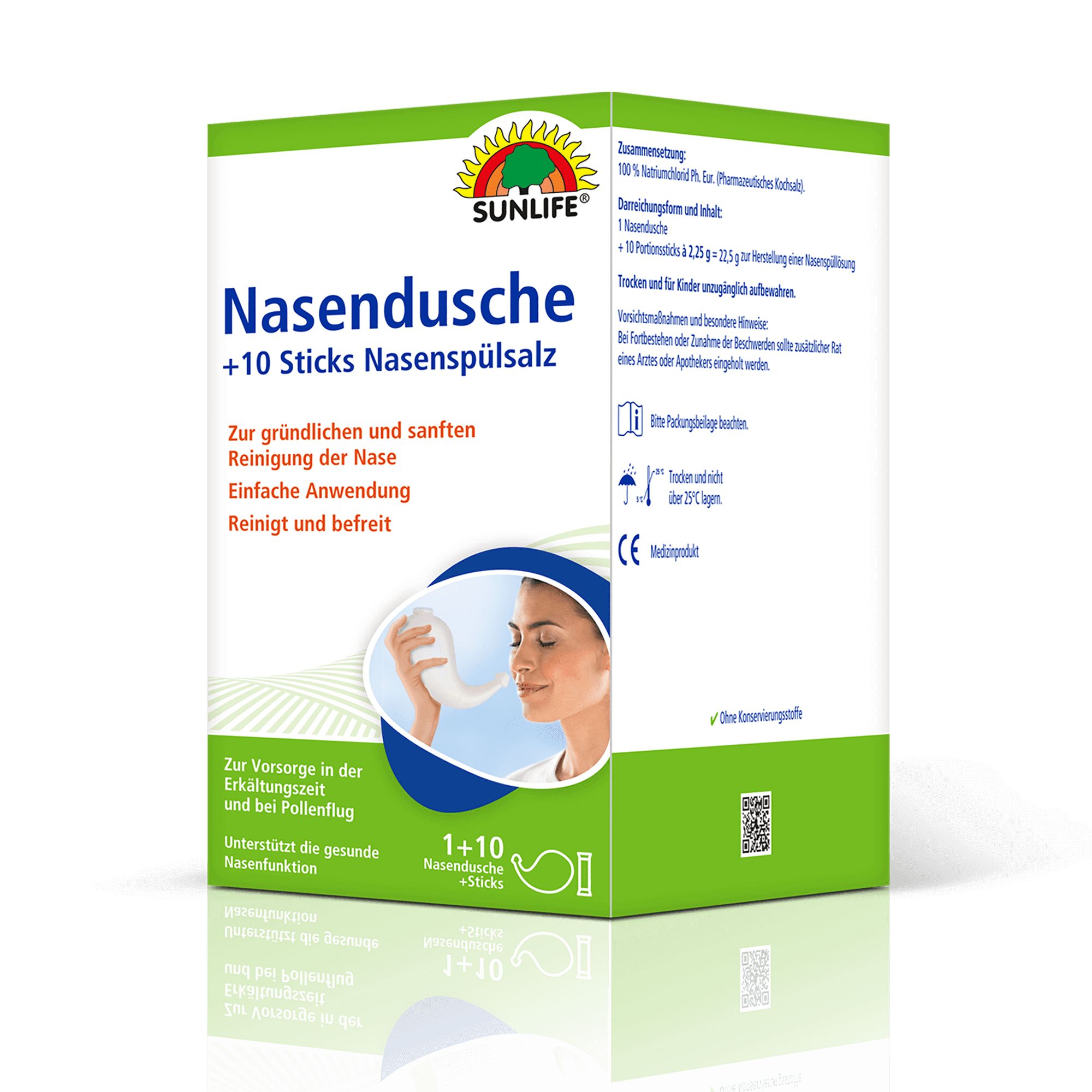 Verpackung von Sunlife Nasendusche + 10 Sticks Nasenspülsalz. Grün-weiße Schachtel mit Produktnamen, Illustration und Logo.