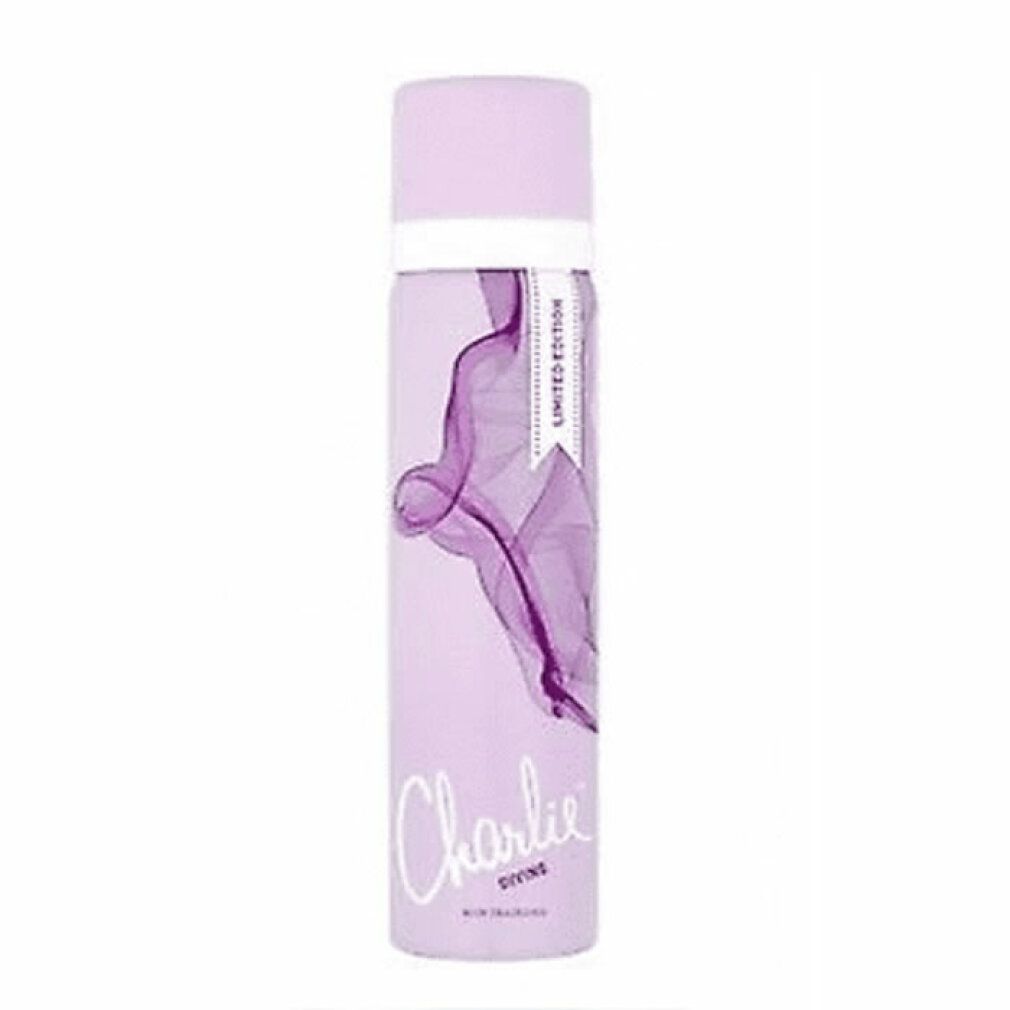 Lila Deodorant-Spray mit weißem Deckel. Schriftzug 'Charlie Divine'. Lila Design. Aufschrift 'Limited Edition'.