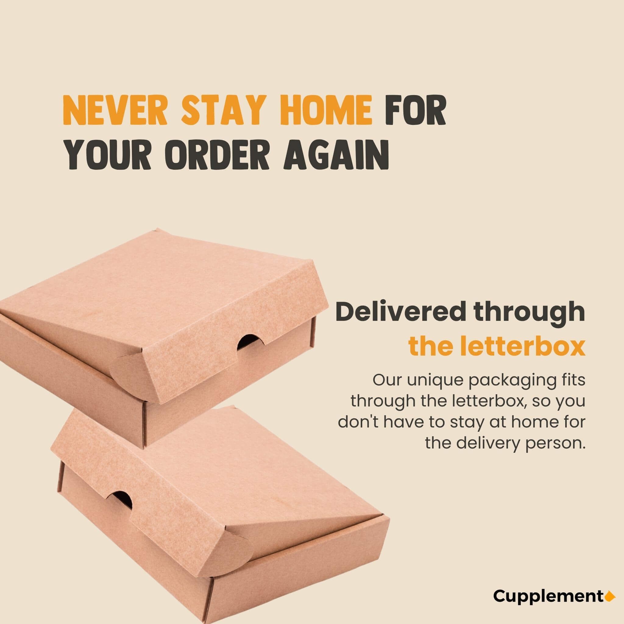 Zwei braune Kartons. Text: Nie wieder zu Hause für Ihre Bestellung. Lieferung durch den Briefkasten.