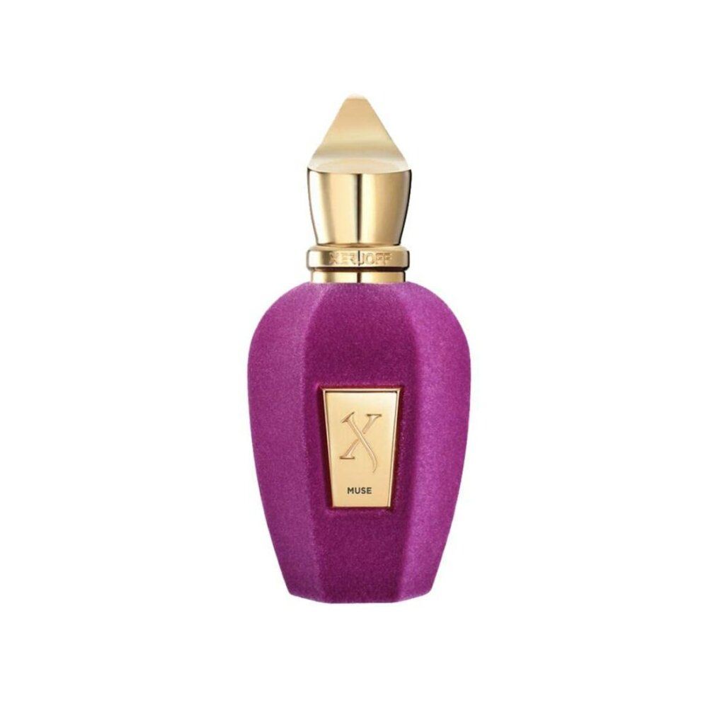 Flasche mit goldfarbenem Verschluss und lila Samt-Finish. Goldfarbenes Etikett mit Schriftzug "Muse".