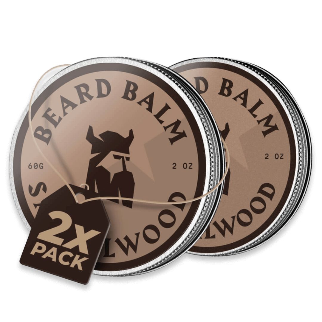 Zwei runde Dosen Bartbalsam. Aufschrift: BEARD BALM, SANDELWOOD, 2 OZ, 60g. Anhänger: 2x PACK. Mit Schnur verbunden.