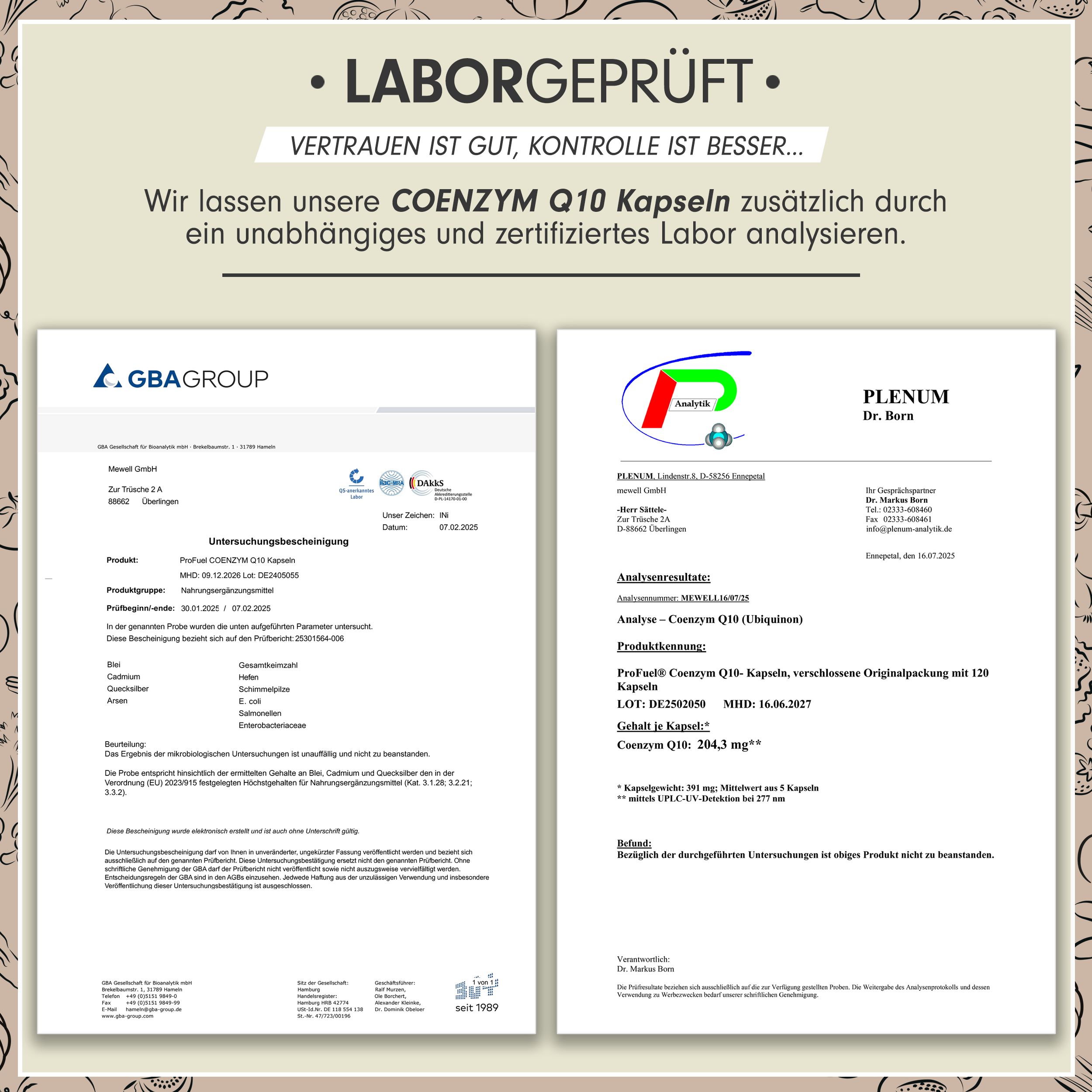 Zwei Laborberichte. Aufschrift: COENZYM Q10 Kapseln. Zertifizierungen und Analysen von unabhängigen Laboren.