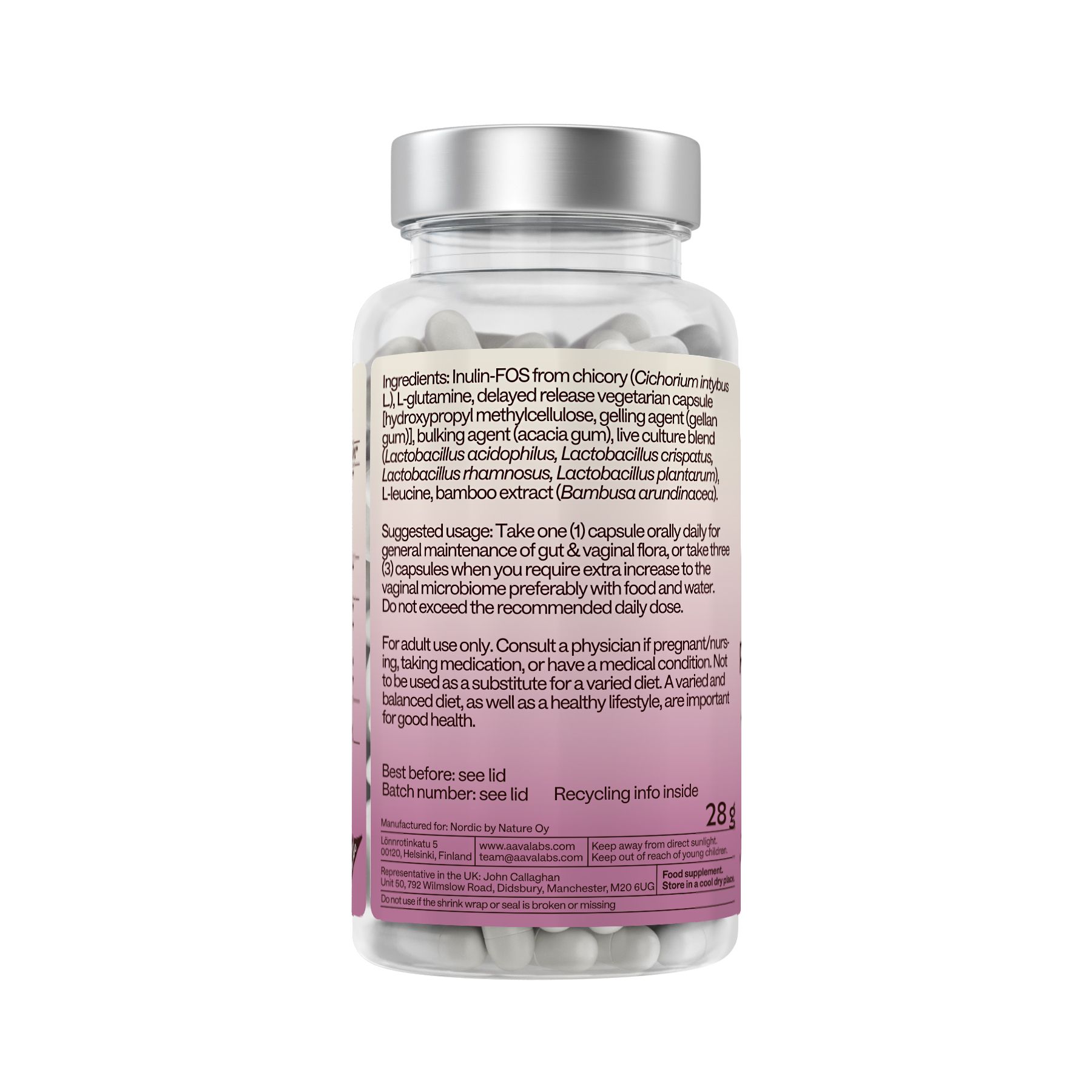 Rückseite der Flasche mit Inhaltsstoffen und Anwendungshinweisen. Enthält Inulin, L-Glutamin und weitere Inhaltsstoffe.