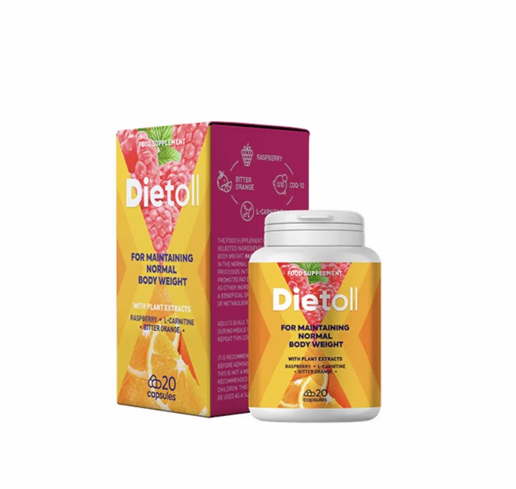 Gelbe und rote Schachtel und Flasche mit Produktaufschrift. Text: Dietoll, für die Aufrechterhaltung des normalen Körpergewichts. 20 Kapseln.