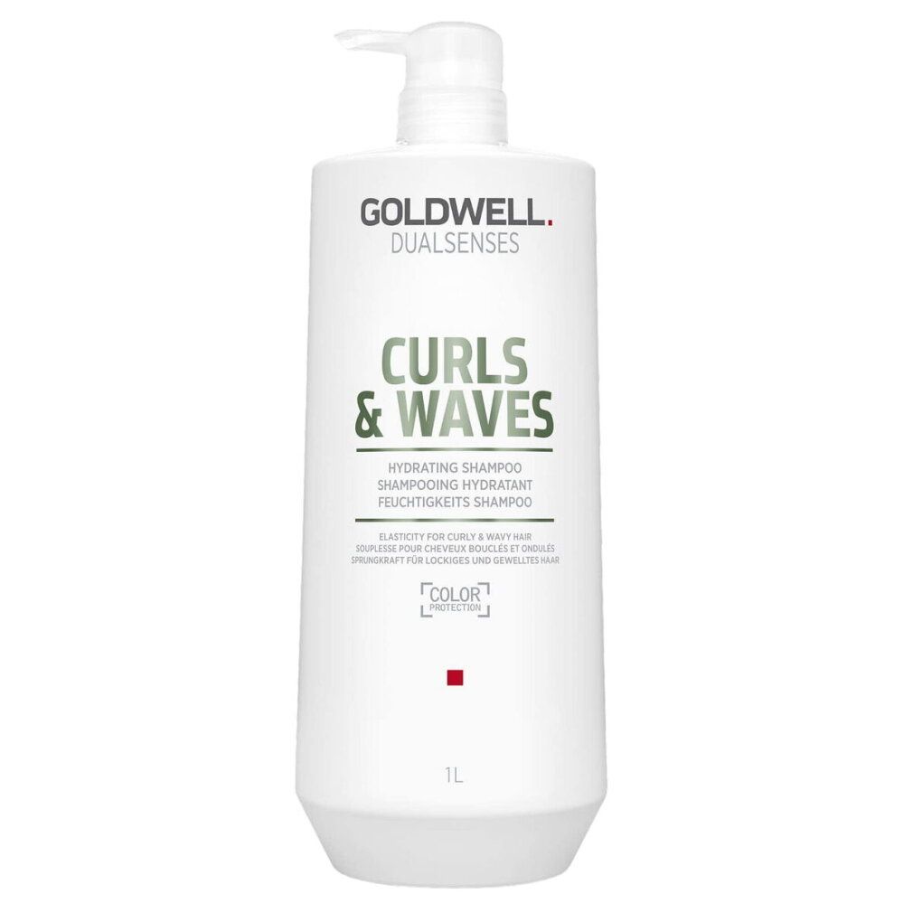Goldwell Dualsenses Shampoo-Flasche, weiß, mit Pumpe. Aufschrift: Curls & Waves, Hydrating Shampoo.