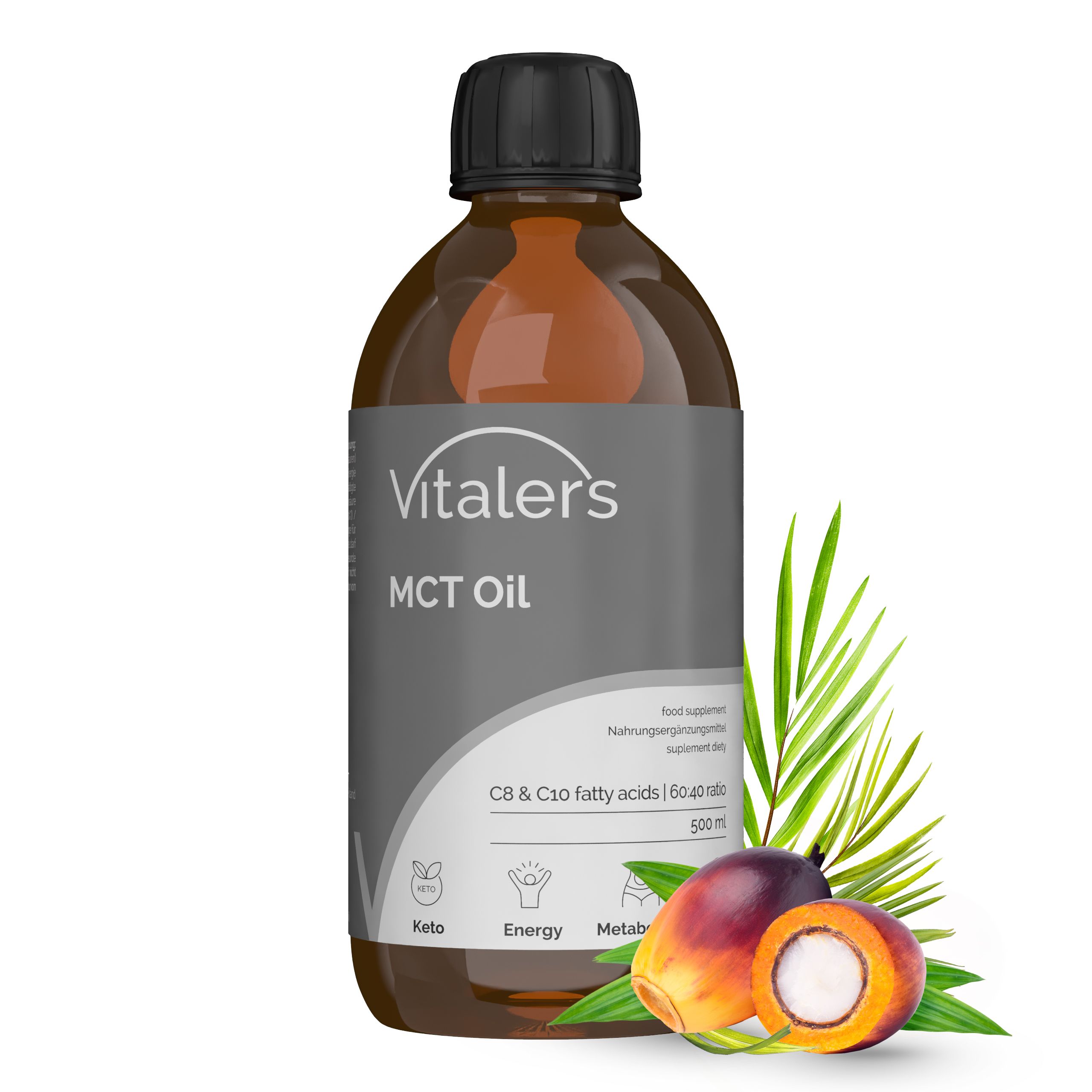 Braune Glasflasche Vitalers MCT Öl, 500 ml, mit Kokosnüssen und Palmblättern. C8 & C90 Fettsäuren.