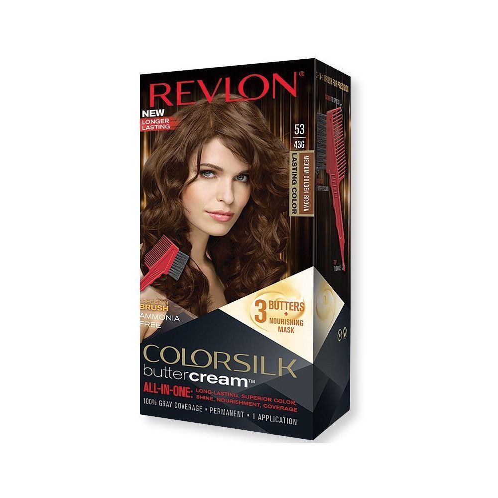 Haarfärbemittel-Verpackung. Enthält eine Frau mit braunem Haar. Text: Revlon, Colorsilk Buttercreme, 100% Grauabdeckung, Permanent.