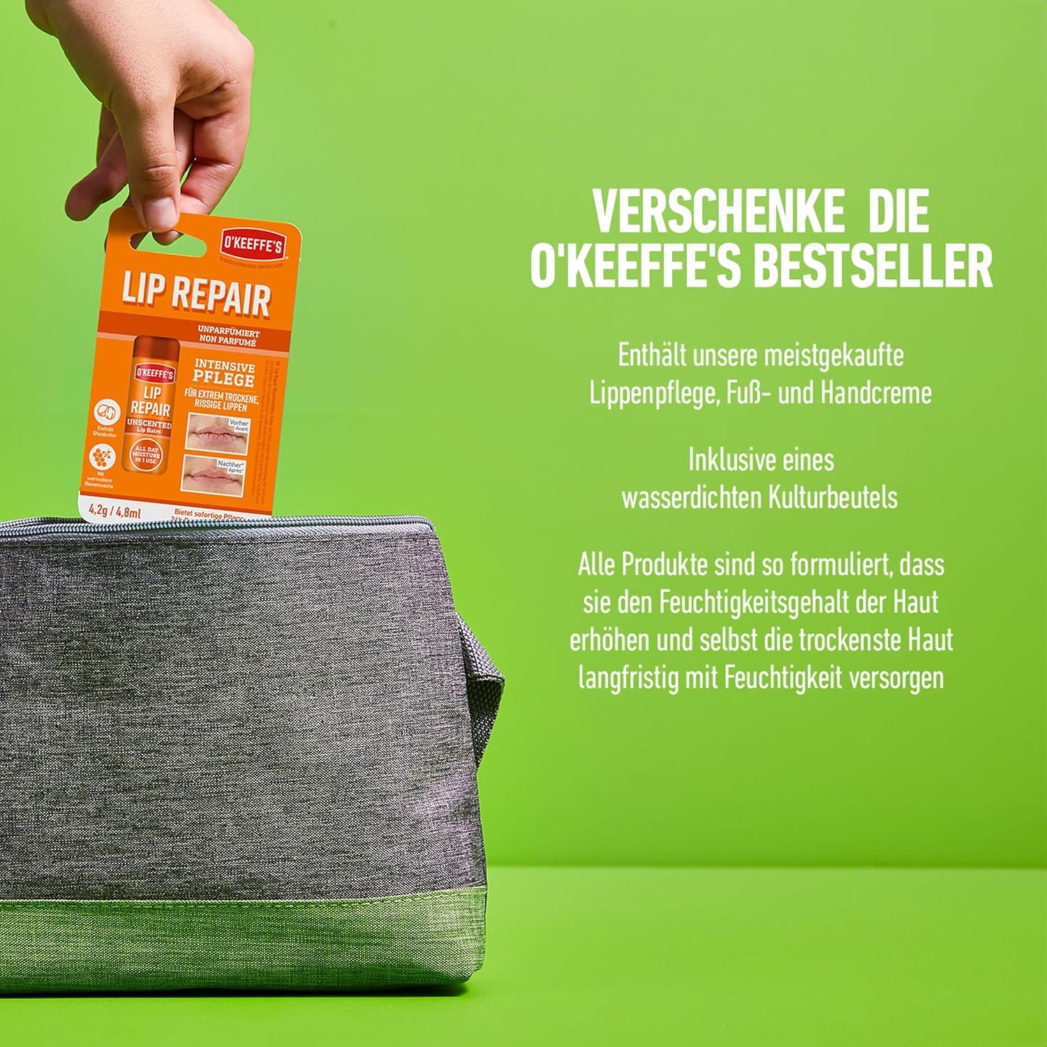 Hand hält O'Keeffe's Lip Repair-Produkt über einer grauen Tasche. Text: Verschenke die O'Keeffe's Bestseller. Enthält Lippen-, Fuß- und Handcreme.