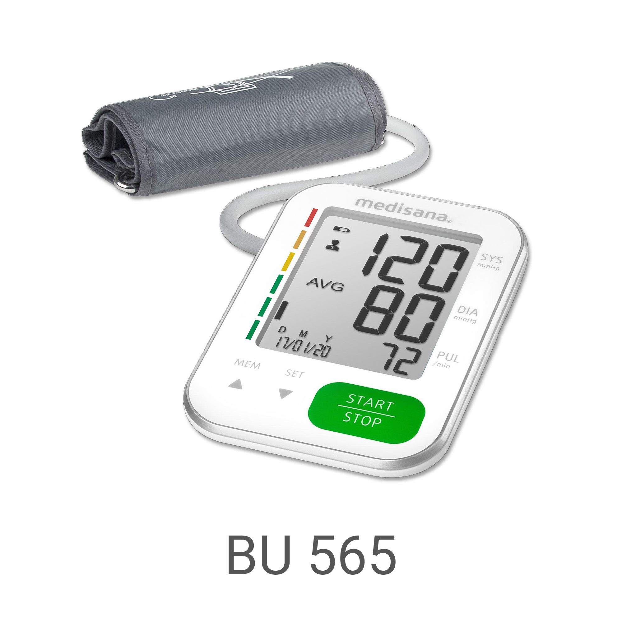 Medisana BU 565 Oberarm-Blutdruckmessgerät mit digitaler Anzeige, Datum und Manschette.