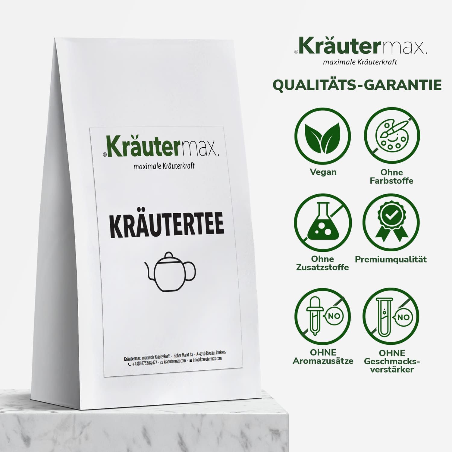 Weiße Verpackung Kräutertee mit Logo und Text. Qualitätsgarantie-Symbole: Vegan, ohne Farbstoffe, ohne Zusatzstoffe, Premiumqualität, ohne Aromazusätze, ohne Geschmacksverstärker.