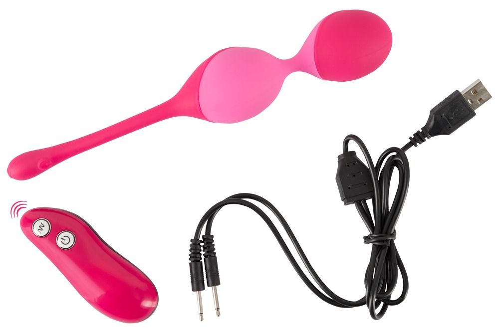 Rosa Duo-Vibrokugel, Fernbedienung, USB-Kabel und Ladekabel. Produkt liegt auf weißem Hintergrund.