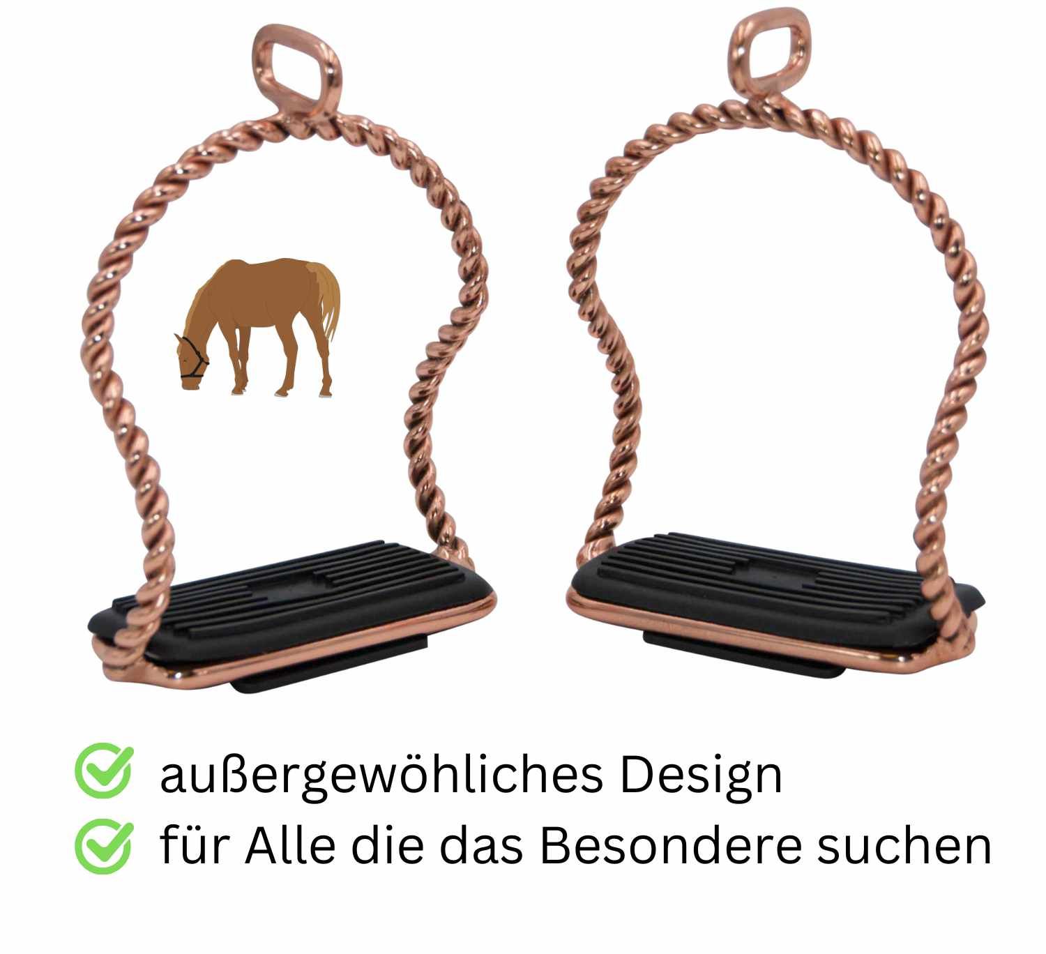 Zwei Steigbügel mit gedrehten Bügeln und schwarzen Trittflächen. Text: außergewöhnliches Design, für Alle die das Besondere suchen.