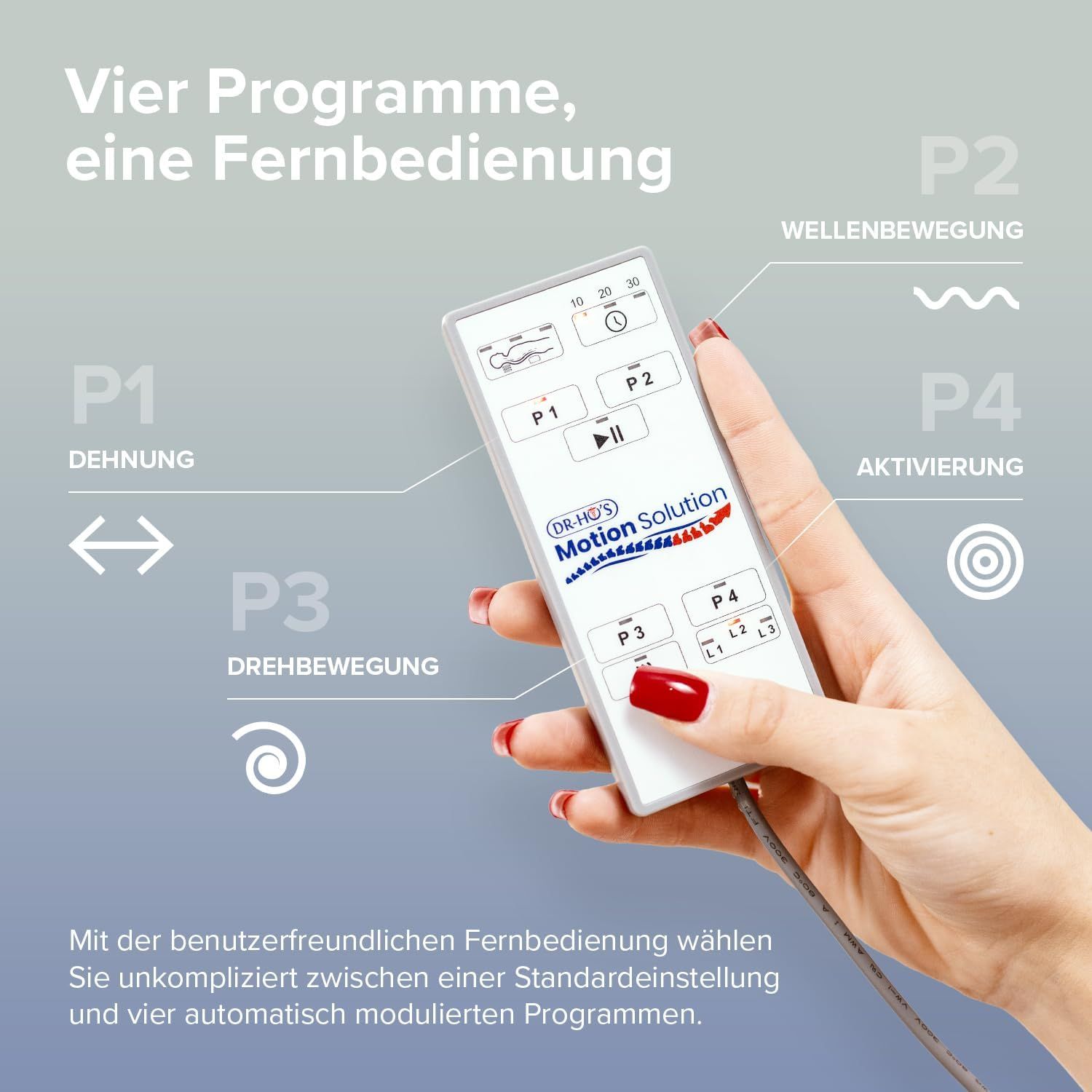 Hand hält Fernbedienung mit Knöpfen. Beschriftung: DR-HO'S Motion Solution. Vier Programme: Dehnung, Wellenbewegung, Drehbewegung, Aktivierung.