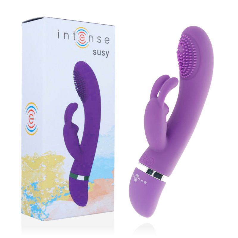 Produkt und Verpackung. Lila Vibrator neben weißer Schachtel mit Aufschrift 'intense susy'. Hasenohren sichtbar.