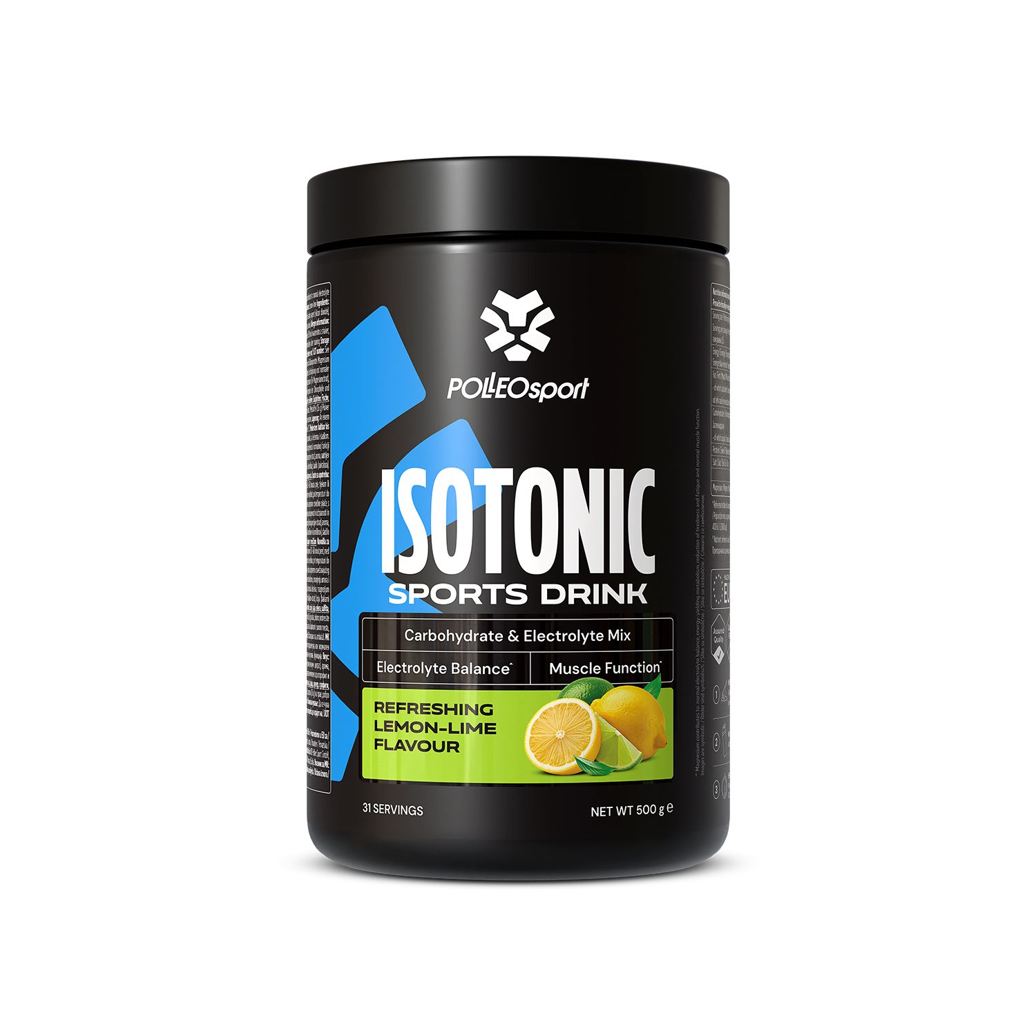 Schwarze Dose. ME:FIRST Isotonic Sports Drink. Blaue Akzente. Text: Isotonic, Lemon-Lime-Geschmack. Abbildung: Zitronen.